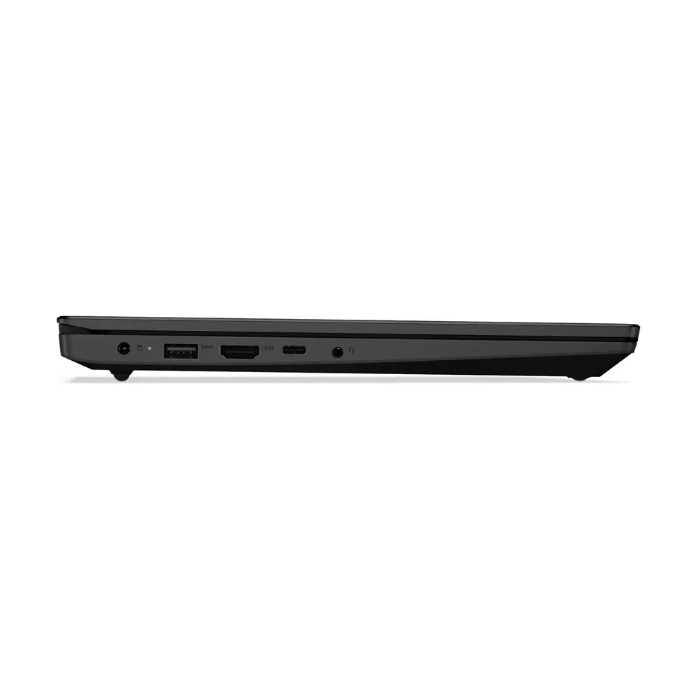 Siyah dizüstü bilgisayarın yan görünümü, bağlantı noktaları: güç, USB-A, HDMI, USB-C, ses.