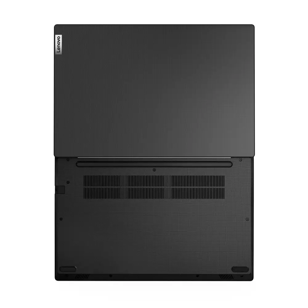 Kapalı siyah dizüstü bilgisayarın altı, havalandırma delikleri ve Lenovo logosu görünüyor.