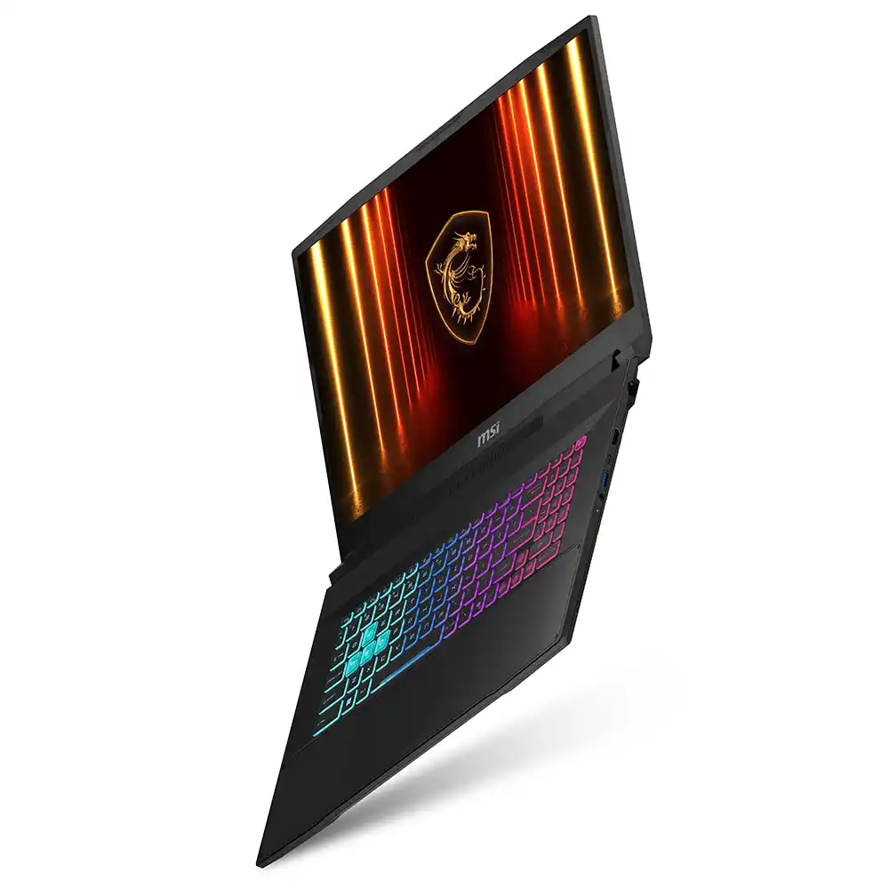 Ekranında MSI logosu ve aydınlatmalı klavyeye sahip siyah dizüstü bilgisayar.