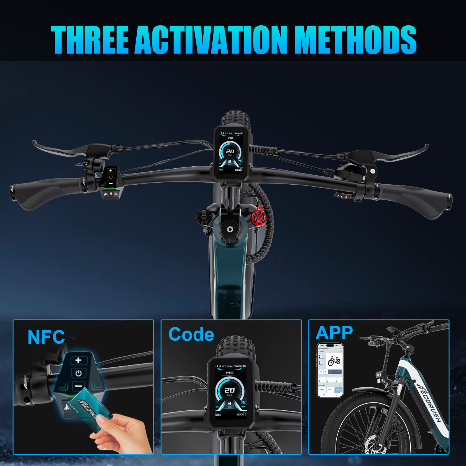 E-bike handlebars showing three activation methods: NFC, code, and app.