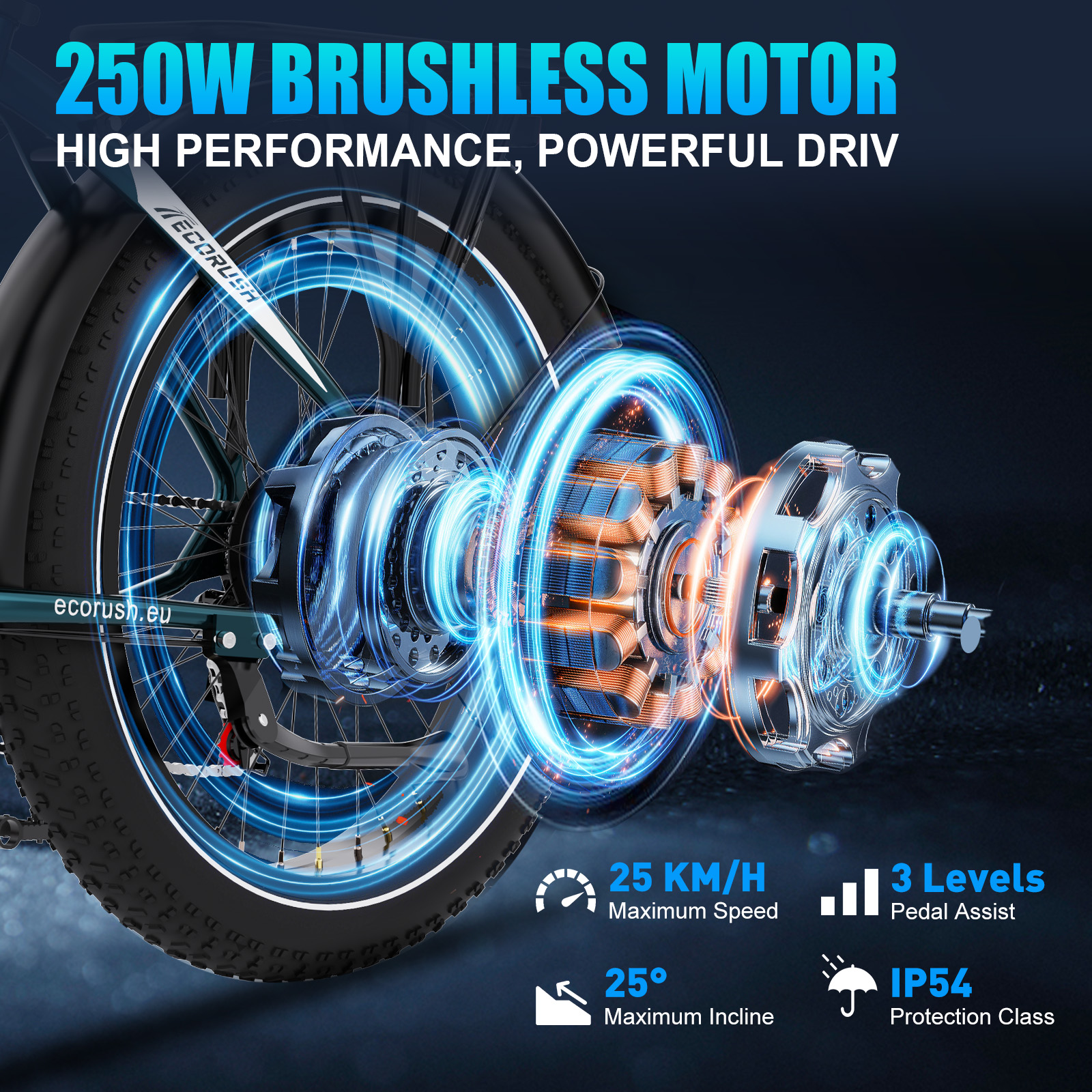 E-bike motor with 250W, 25 km/h, 3 pedal assist levels, IP54.