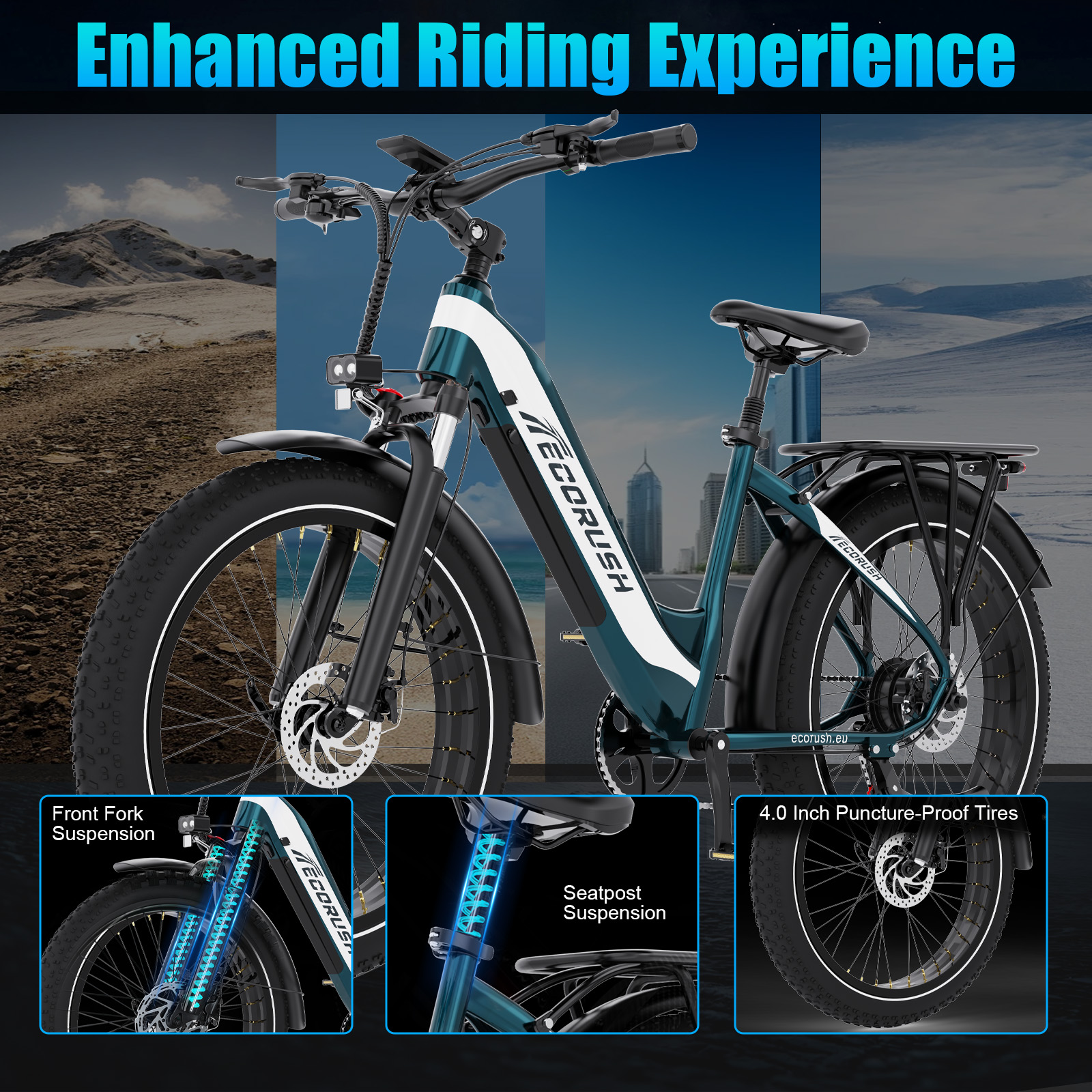 A teal e-bike with fat tires, front fork, seatpost suspension, and disc brakes.