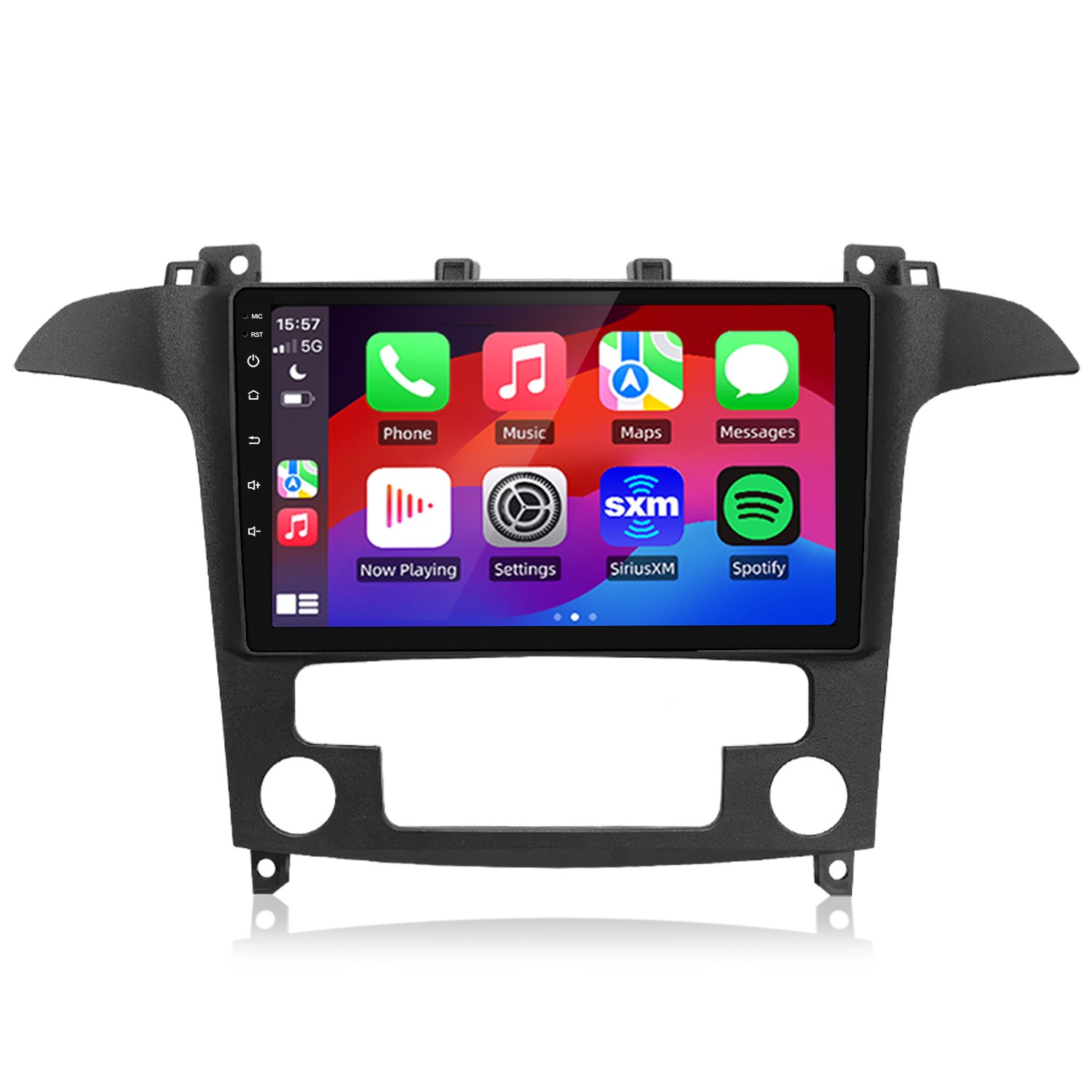 Uno schermo stereo per auto nero mostra icone di app come telefono, musica e mappe.
