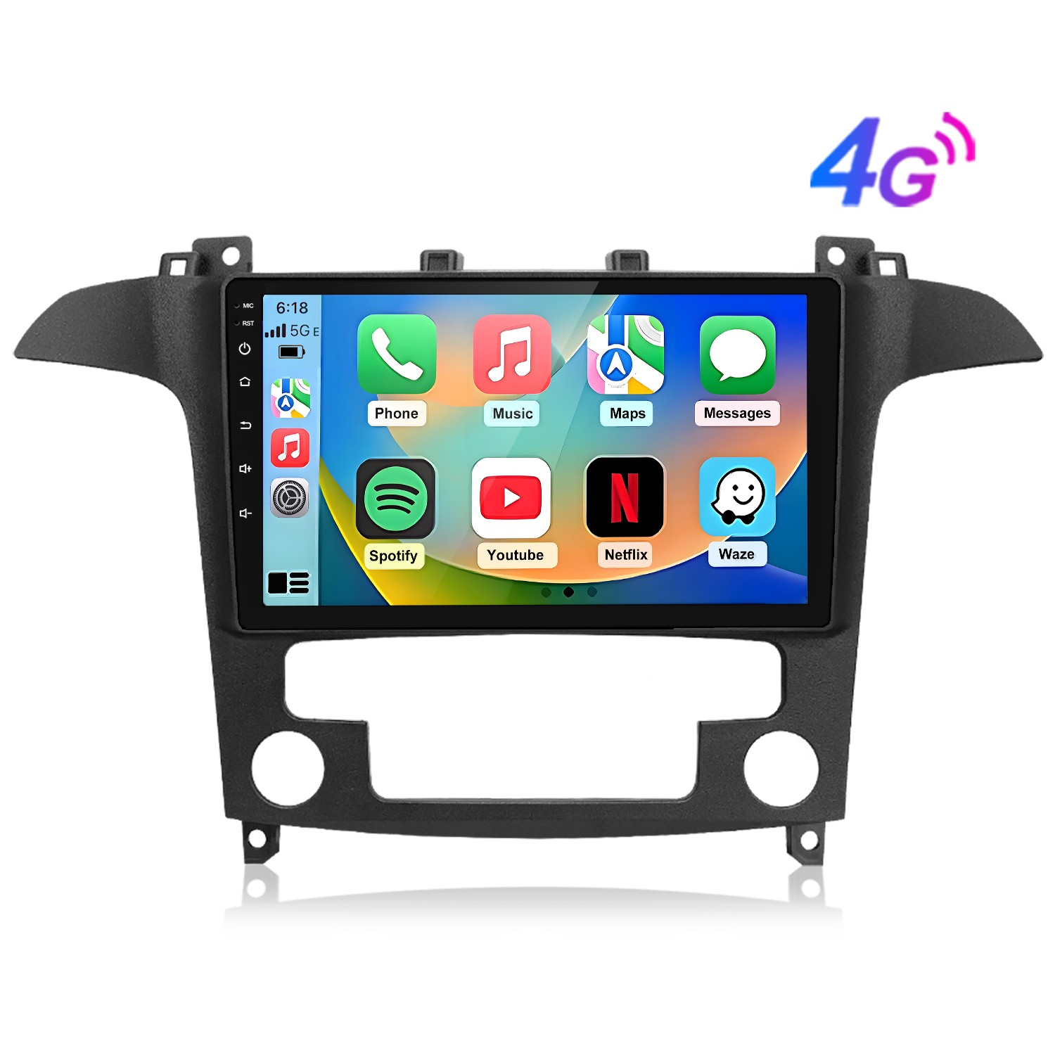 Schermo autoradio con icone app: Telefono, Musica, Mappe, Messaggi, Spotify, YouTube, Netflix, Waze.