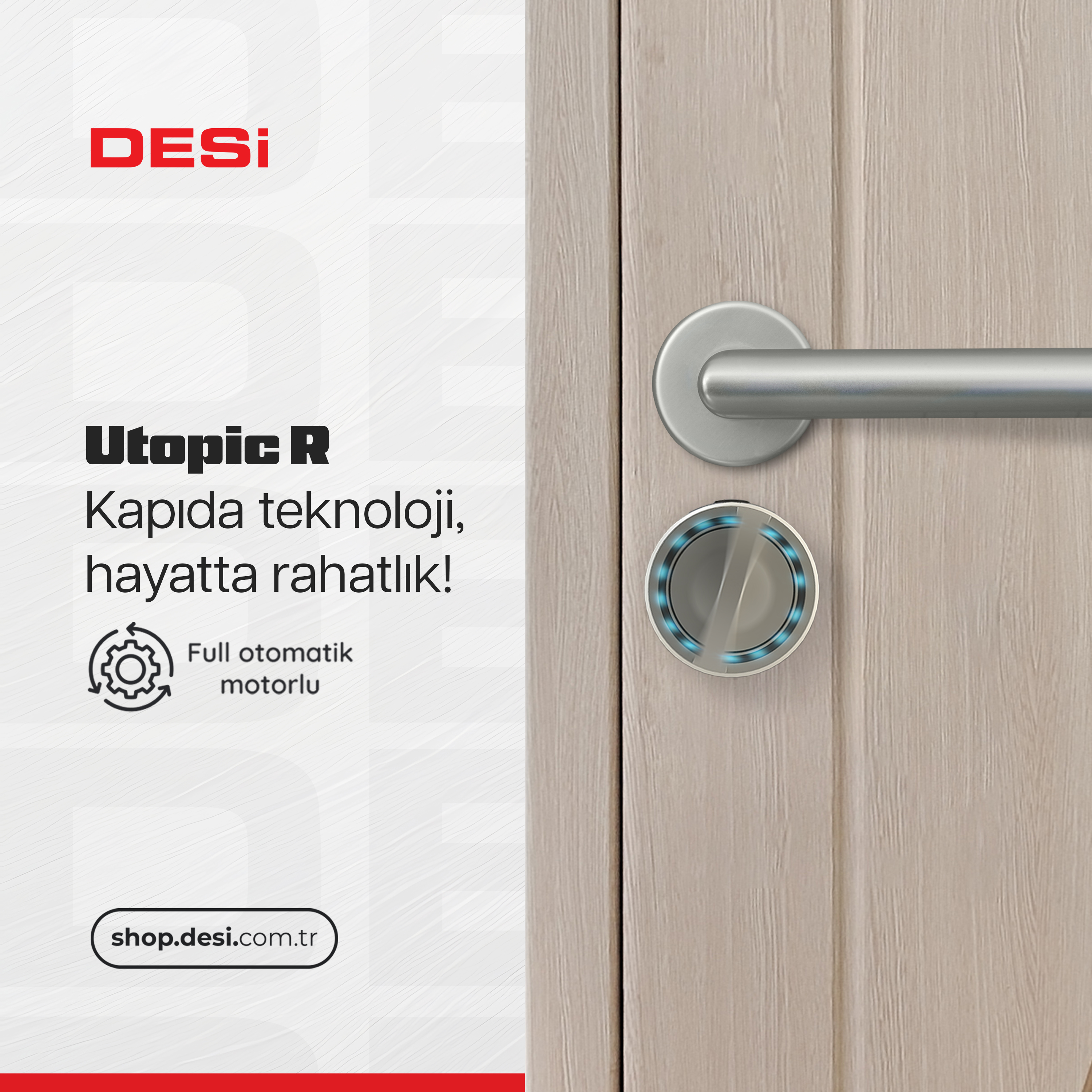 Gümüş kulp ve dijital kilitli ahşap kapı. Solda DESI logosu.