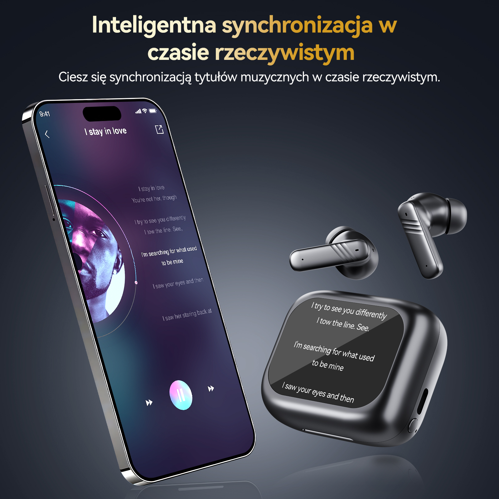Smartfon wyświetla tekst piosenki, obok czarne słuchawki i ich etui ładujące.