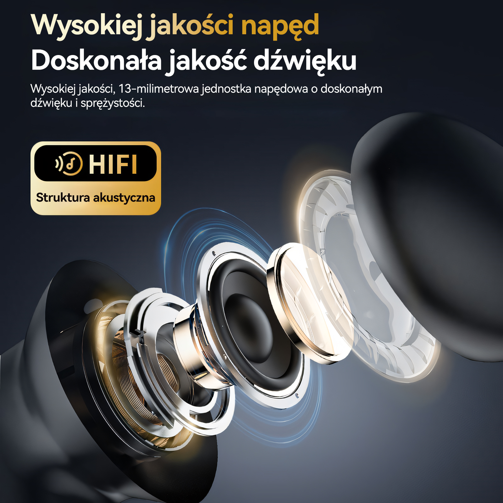 Widok rozstrzelony słuchawek z logo HIFI i tekstem.