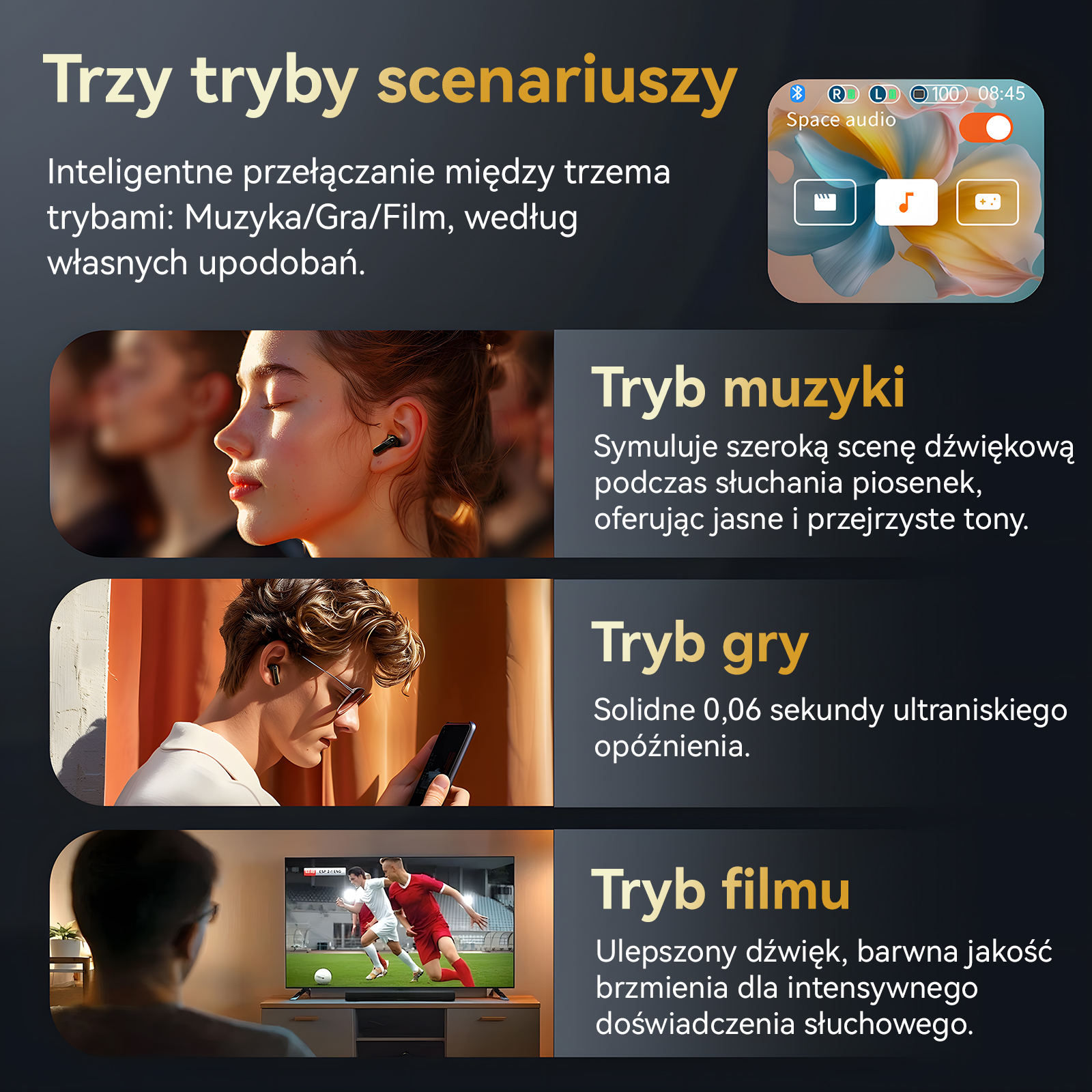 Trzy tryby scenariuszy: Muzyka, Gra i Film dla spersonalizowanej przyjemności.