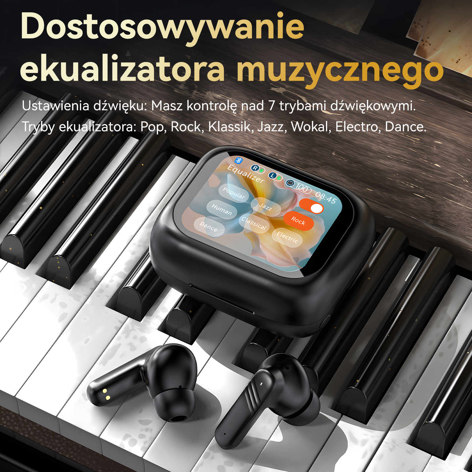 Czarne słuchawki na klawiszach fortepianu z menu EQ na ekranie.