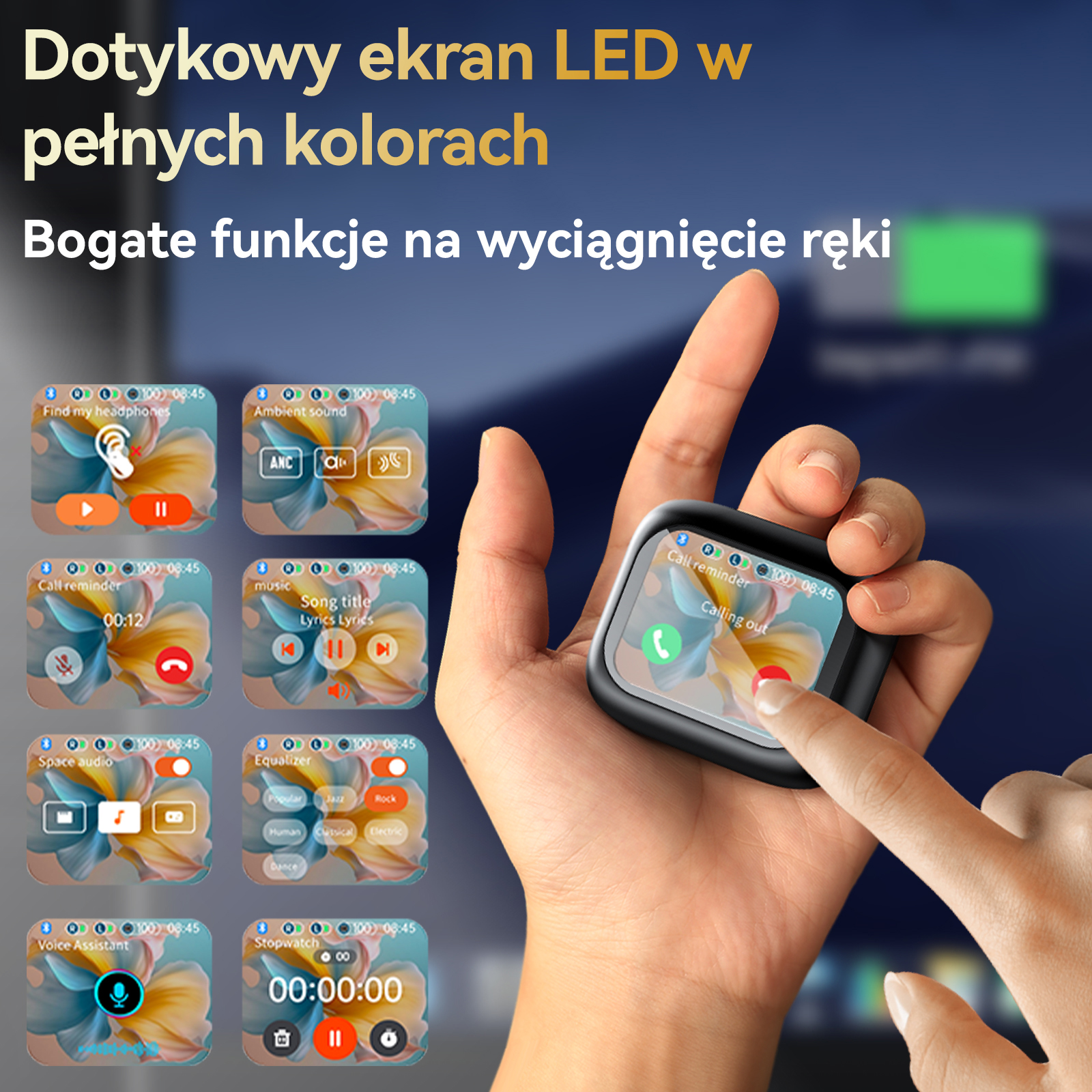 Palec dotyka ekranu smartwatcha pokazującego połączenia i aplikacje.