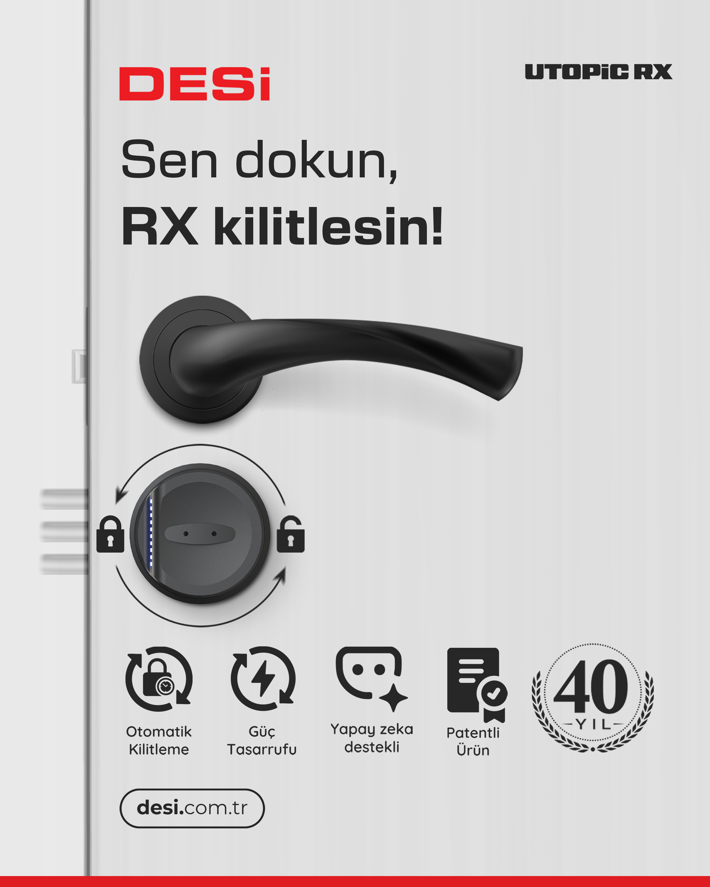 Siyah kapı kolu ve kilit; otomatik, tasarruf, yapay zeka, patent ve 40 yıl simgeleri.