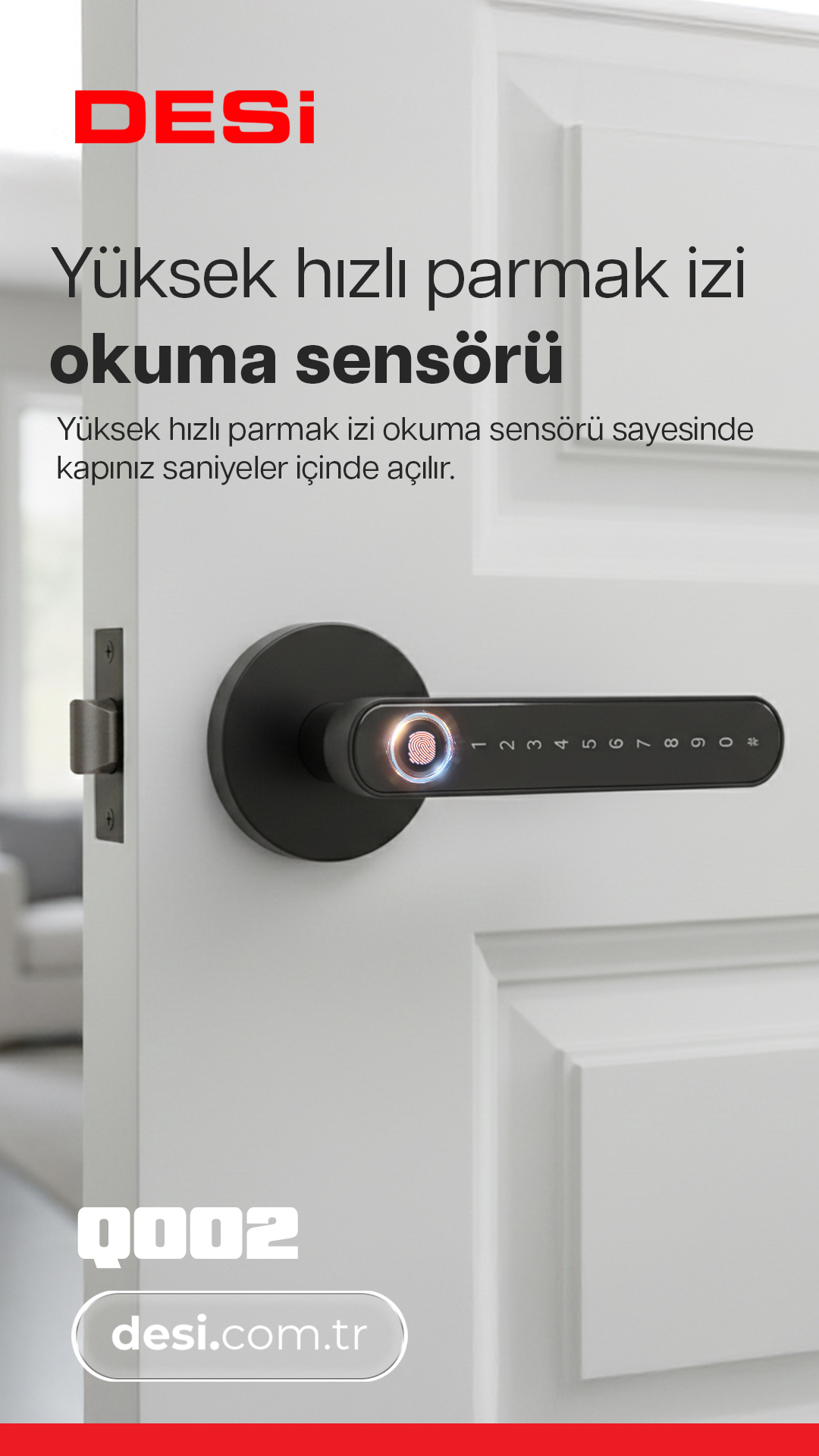 Parmak izi tarayıcılı ve tuş takımına sahip siyah kapı kolu.