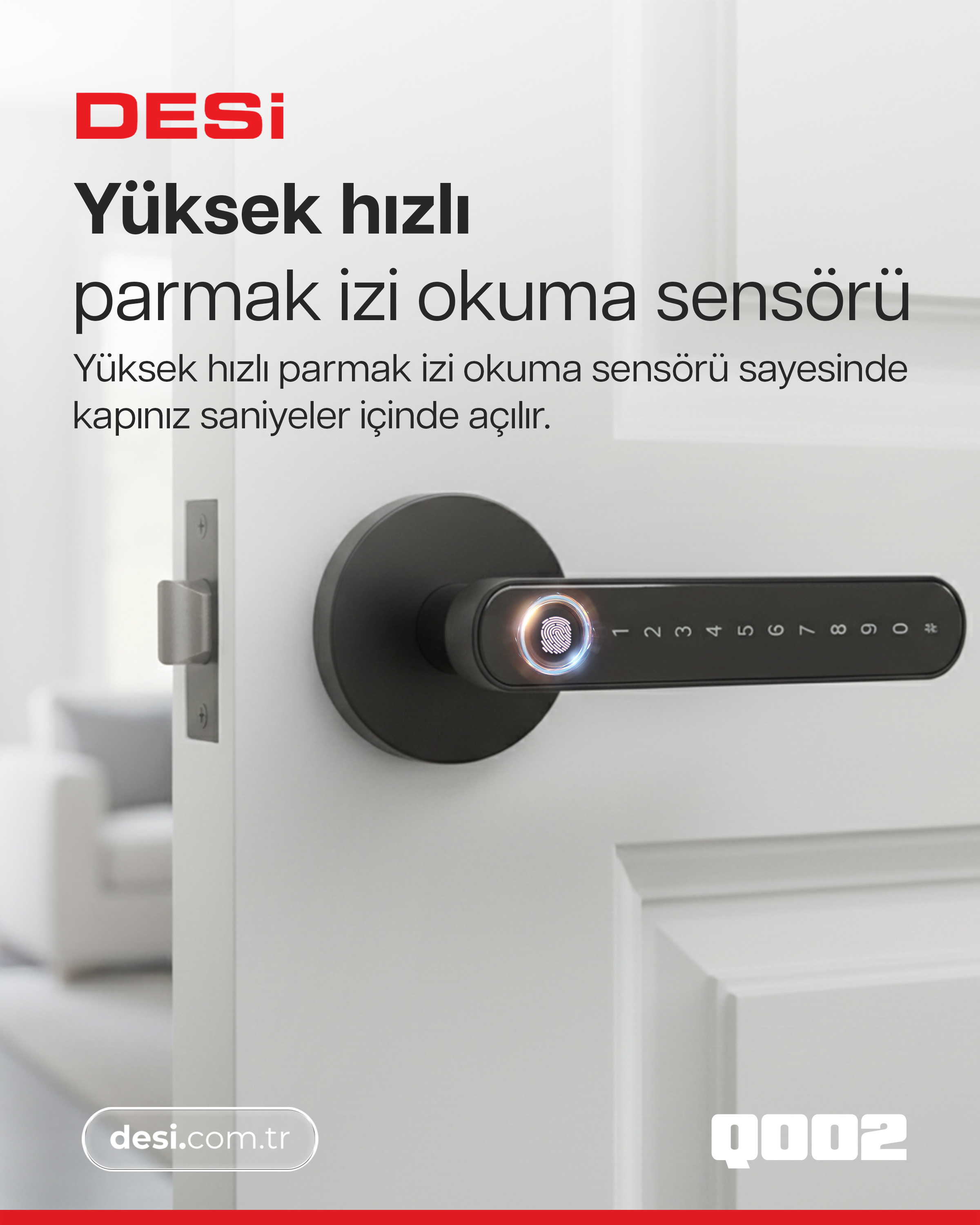 Parmak izi tarayıcılı ve tuş takımına sahip siyah kapı kolu. Üstte DESI logosu.