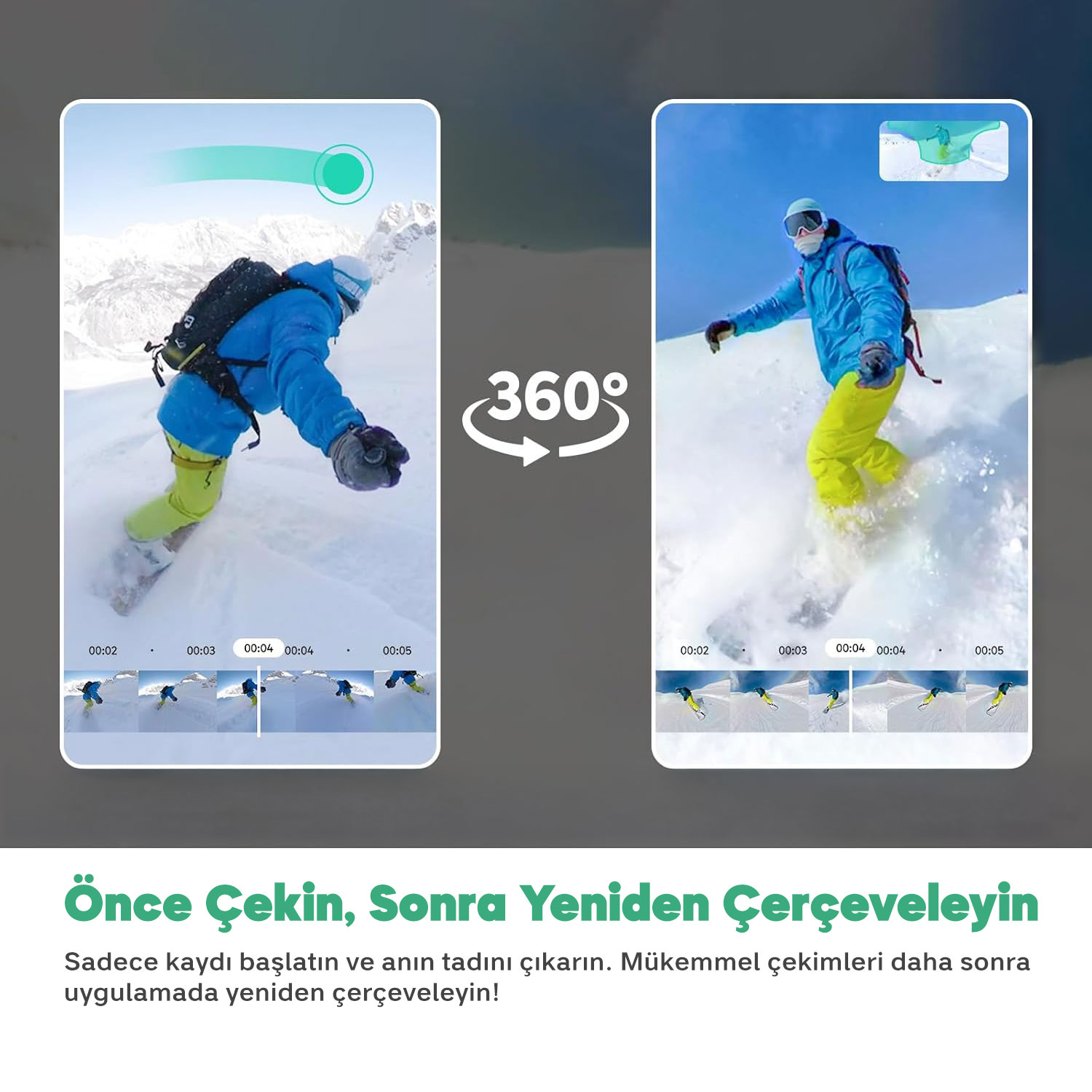 Mavi ceketli snowboardcu karlı yamaçtan kayıyor, 360 derece görünüm.