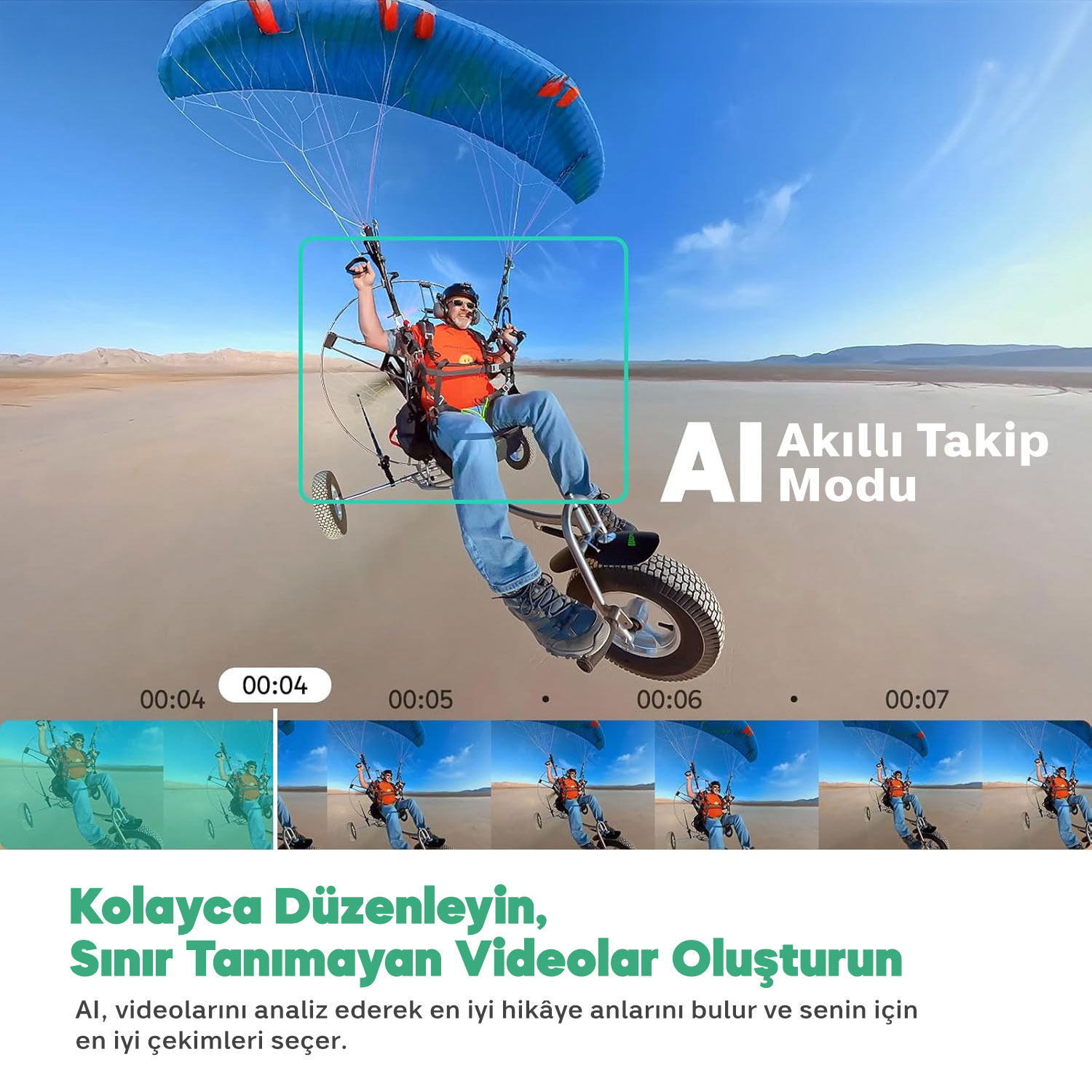 Adam çöl üzerinde paramotorla uçuyor, yapay zeka akıllı takip modu.