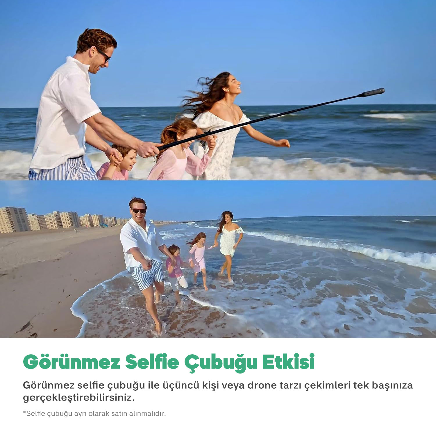 Sahilde aile, fotoğrafta görünmez selfie çubuğu kullanıyor.