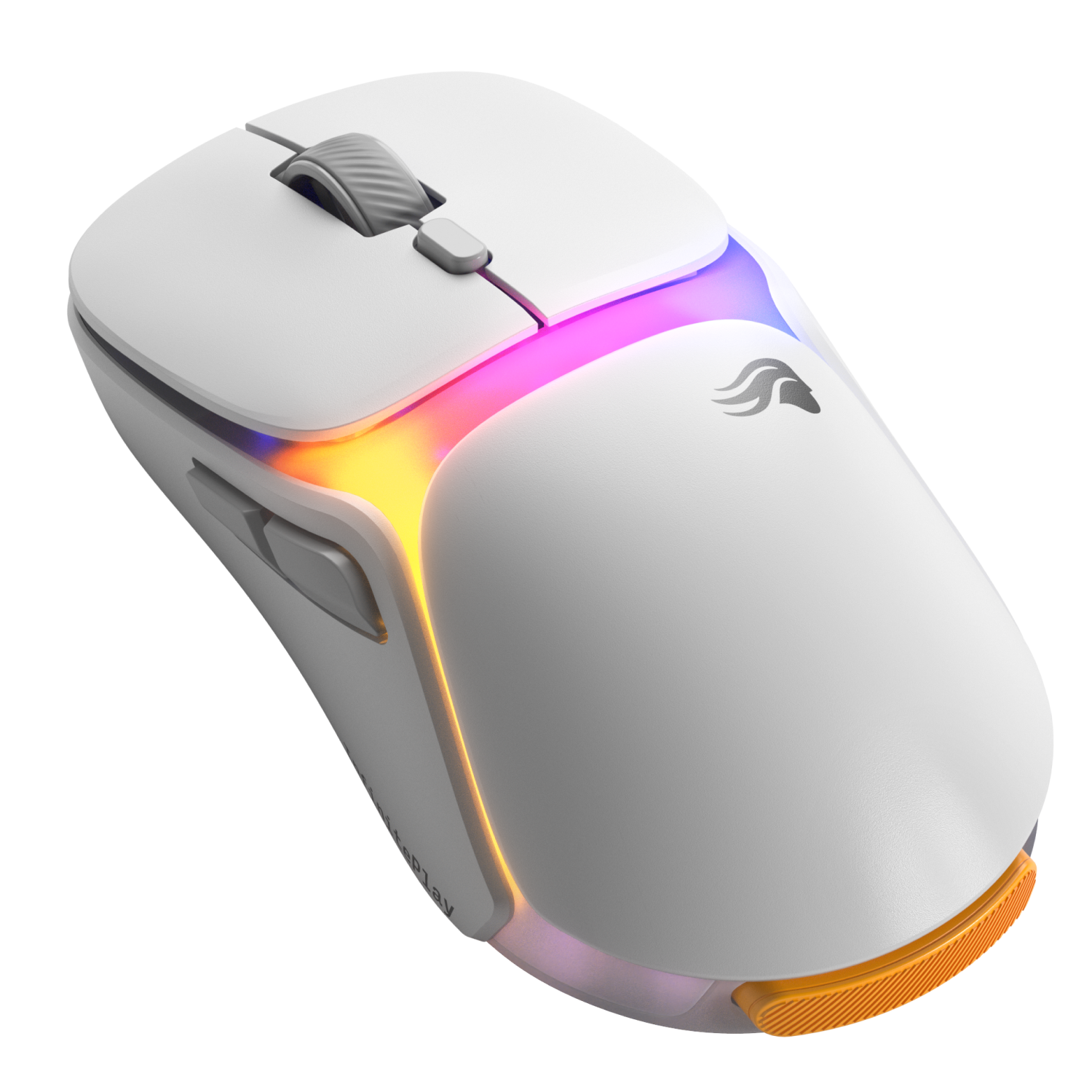 Arkada turuncu detaylı, RGB aydınlatmalı beyaz oyuncu faresi.