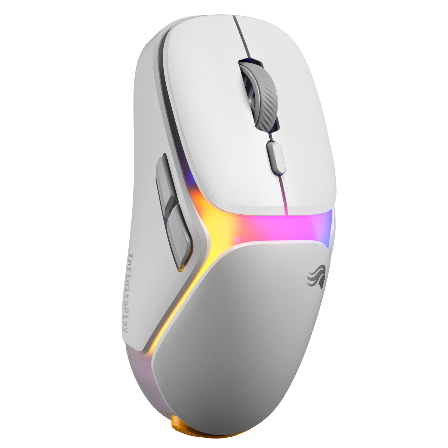 RGB aydınlatmalı ve yan düğmeli beyaz oyuncu faresi.