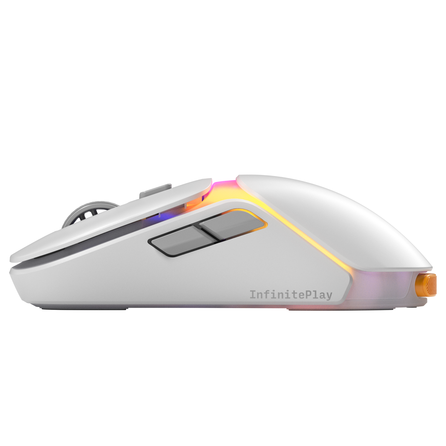 RGB aydınlatmalı ve iki yan düğmeli beyaz oyuncu faresi.