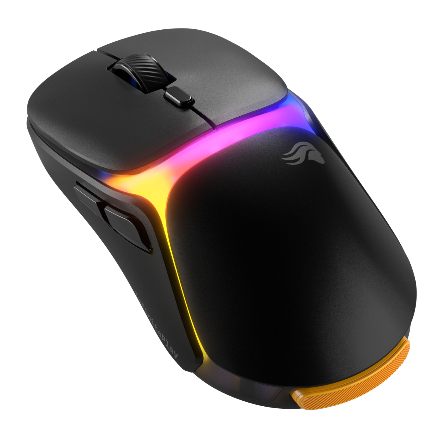 Turuncu tekerlekli, RGB aydınlatmalı siyah oyuncu faresi.