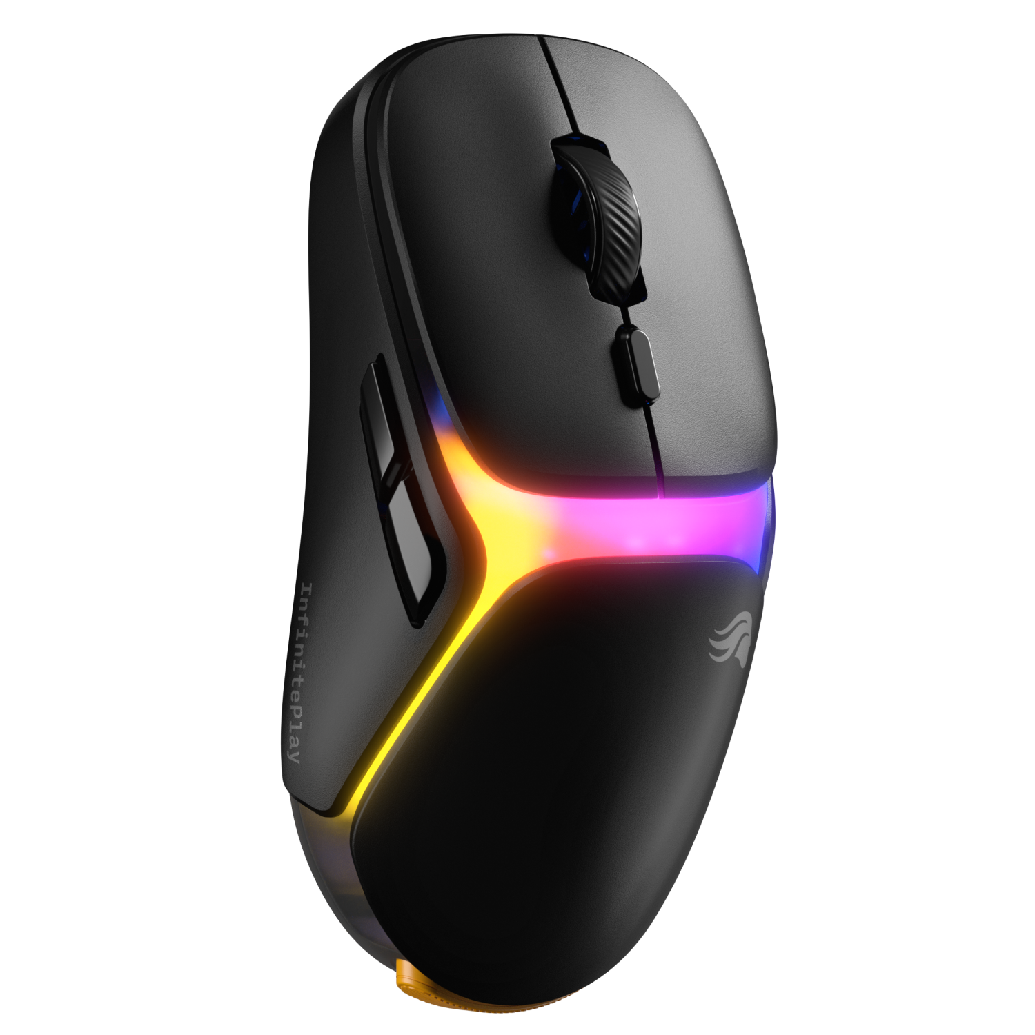 RGB aydınlatmalı ve kaydırma tekerlekli siyah oyuncu faresi, beyaz arka plan.