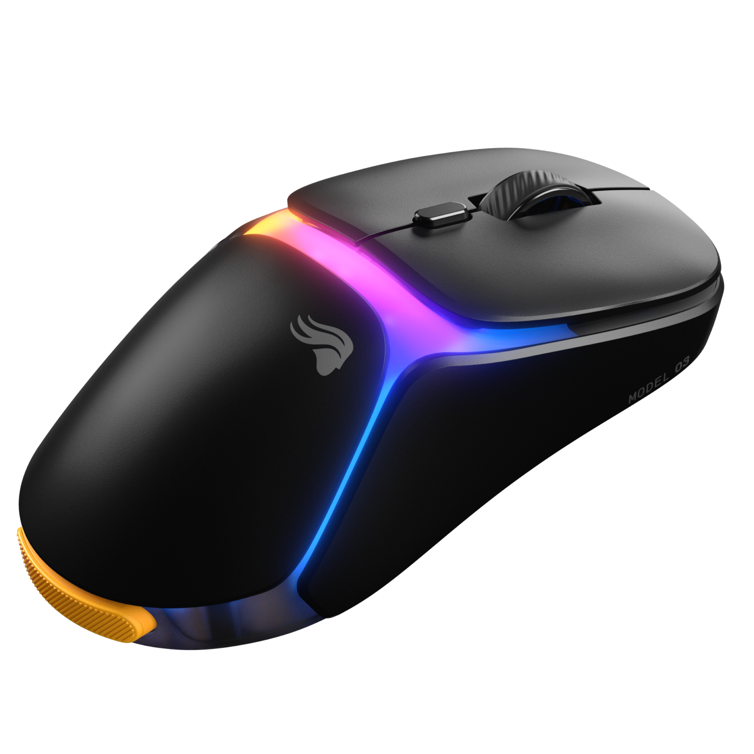 Sarı vurgulu RGB aydınlatmalı siyah oyuncu faresi.
