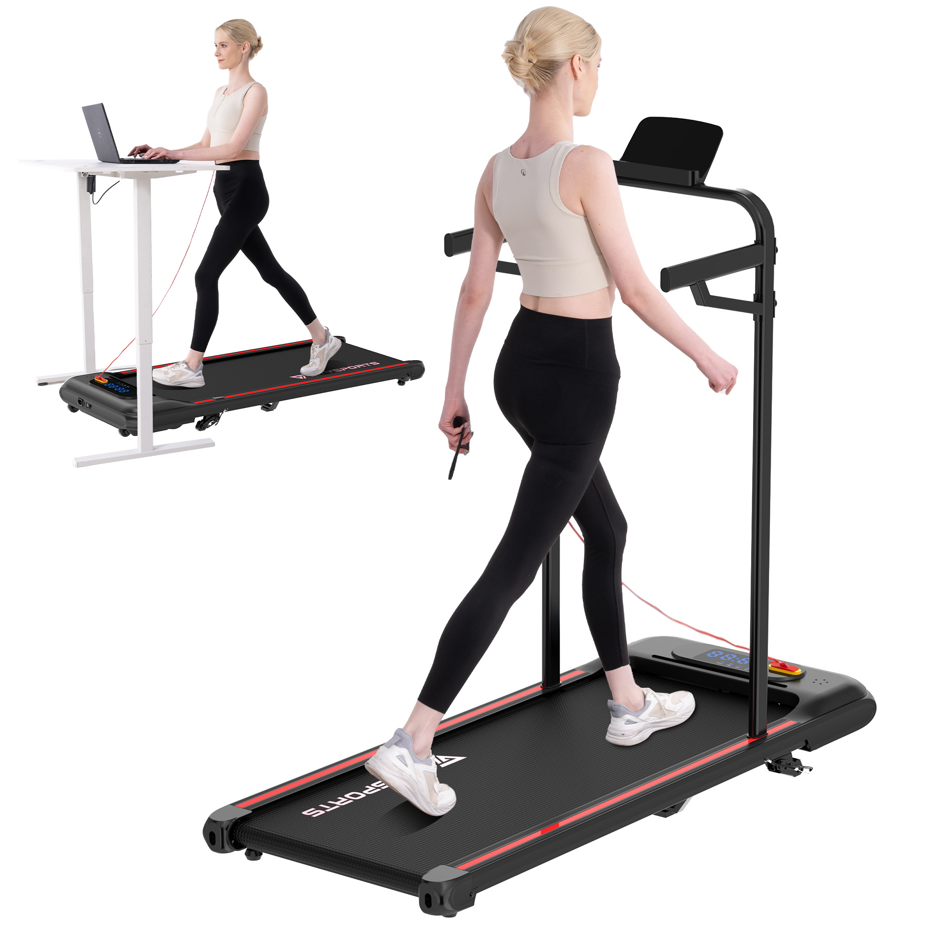 Frau auf Laufband mit Laptop und auf Laufband, das sich bewegt.