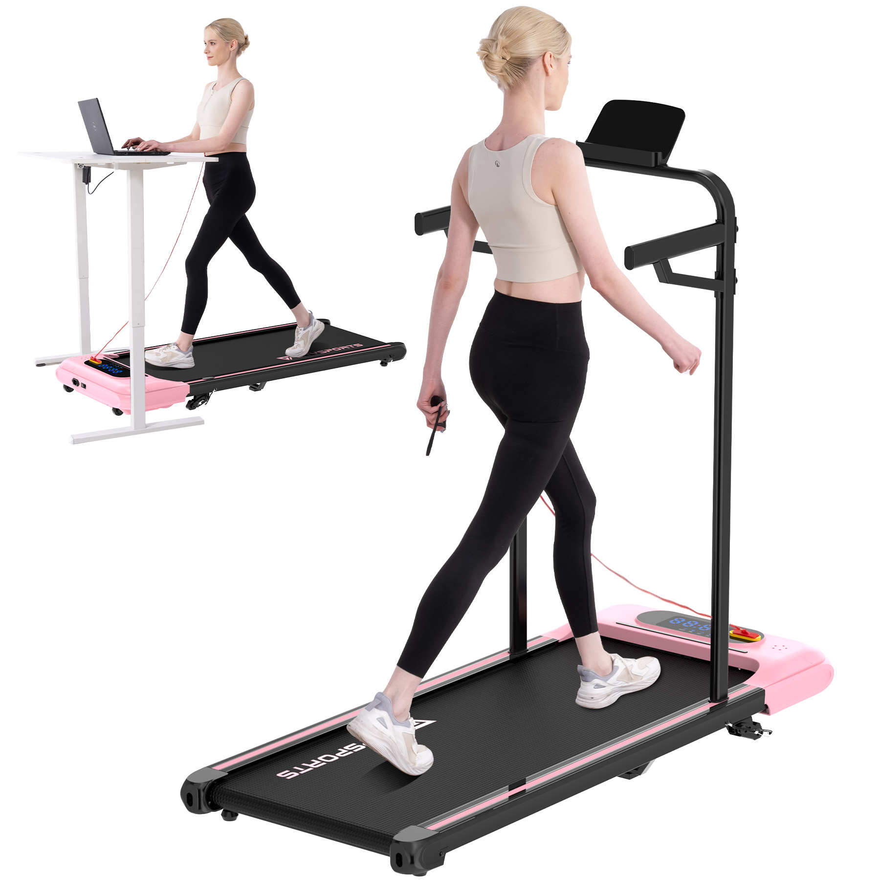 Eine Frau geht auf einem Laufband, während sie an einem Stehpult mit Laptop arbeitet.
