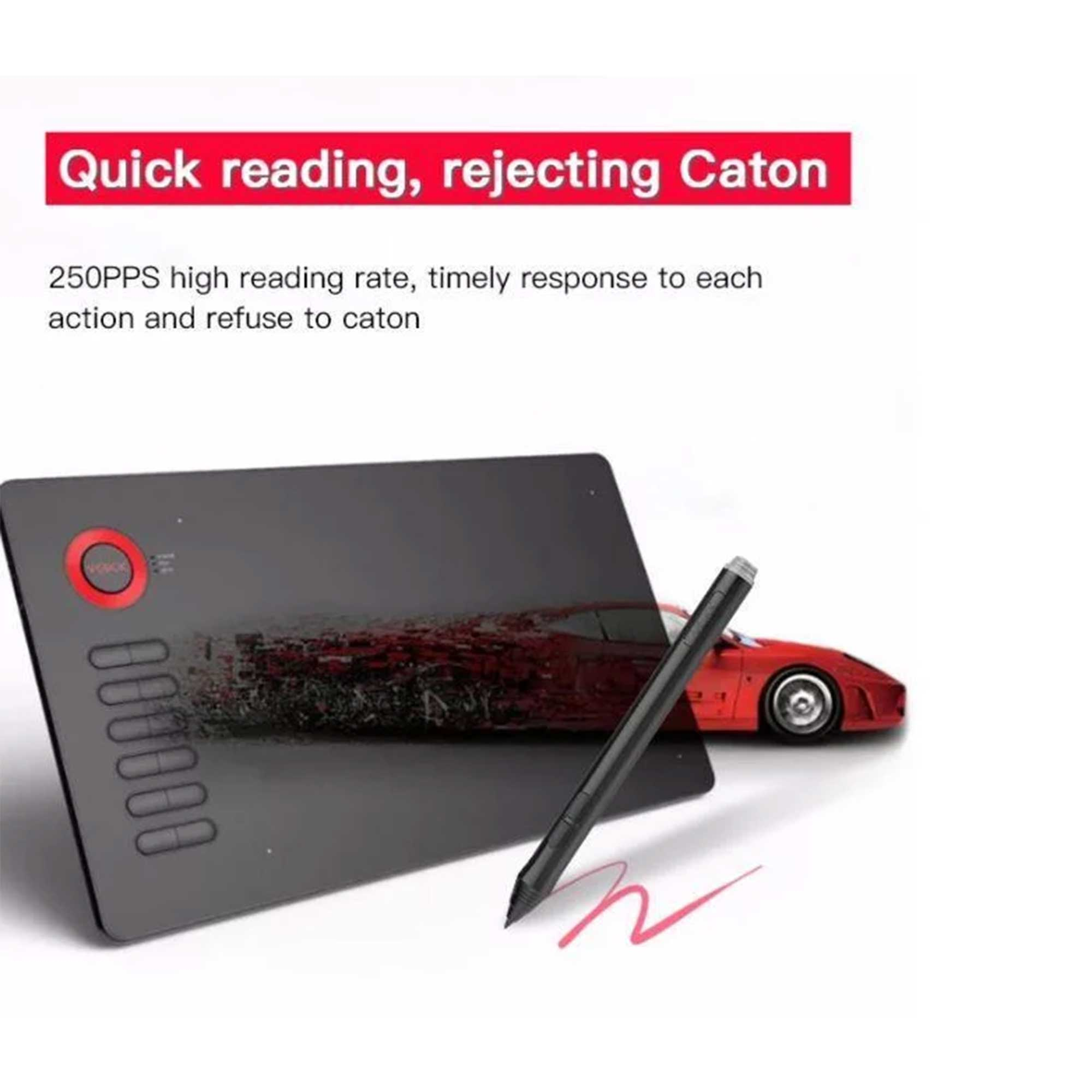 Kırmızı spor arabanın ve metnin önünde kalemli grafik tablet.