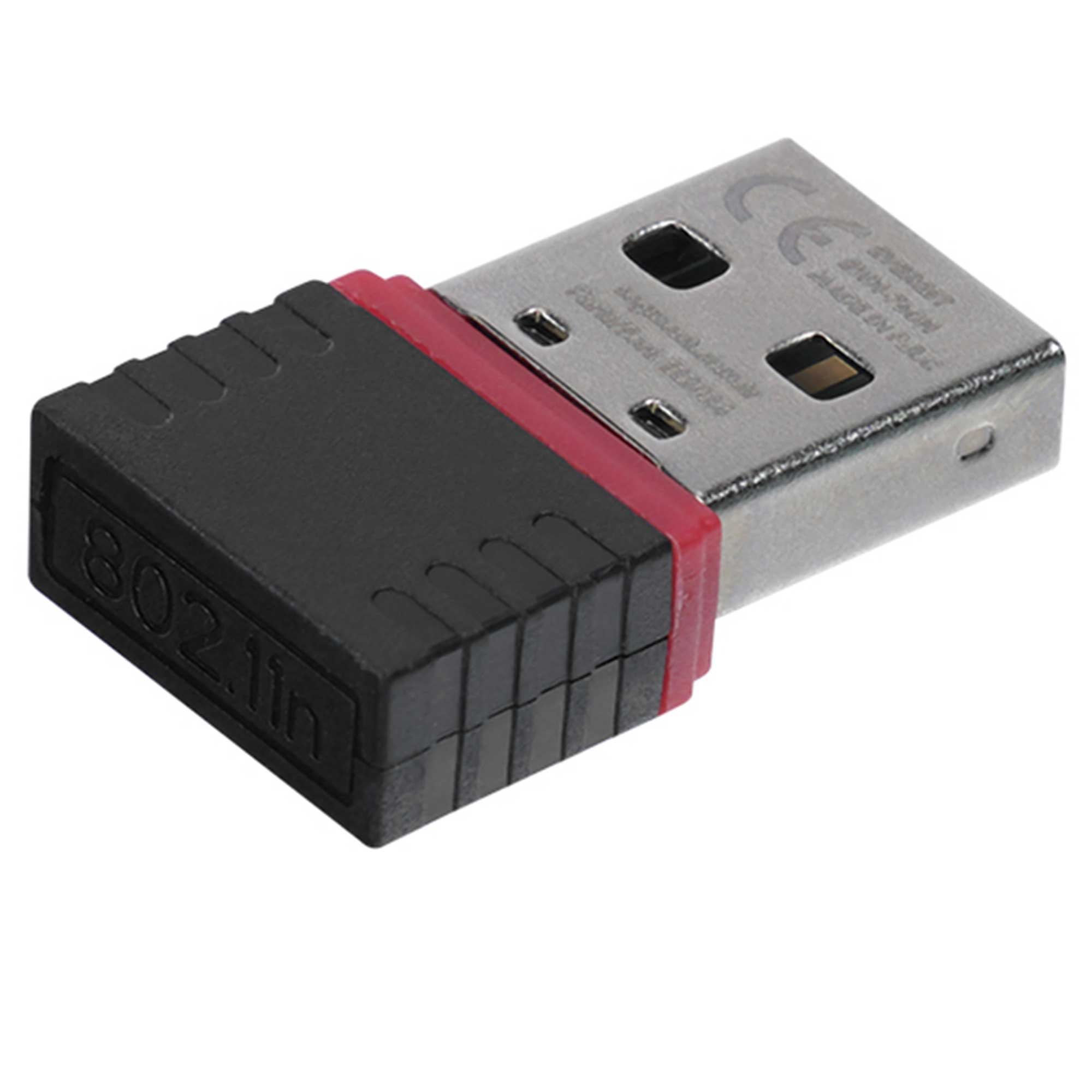 Kırmızı vurgulu ve "802.11n" yazılı siyah USB Wi-Fi adaptörü.