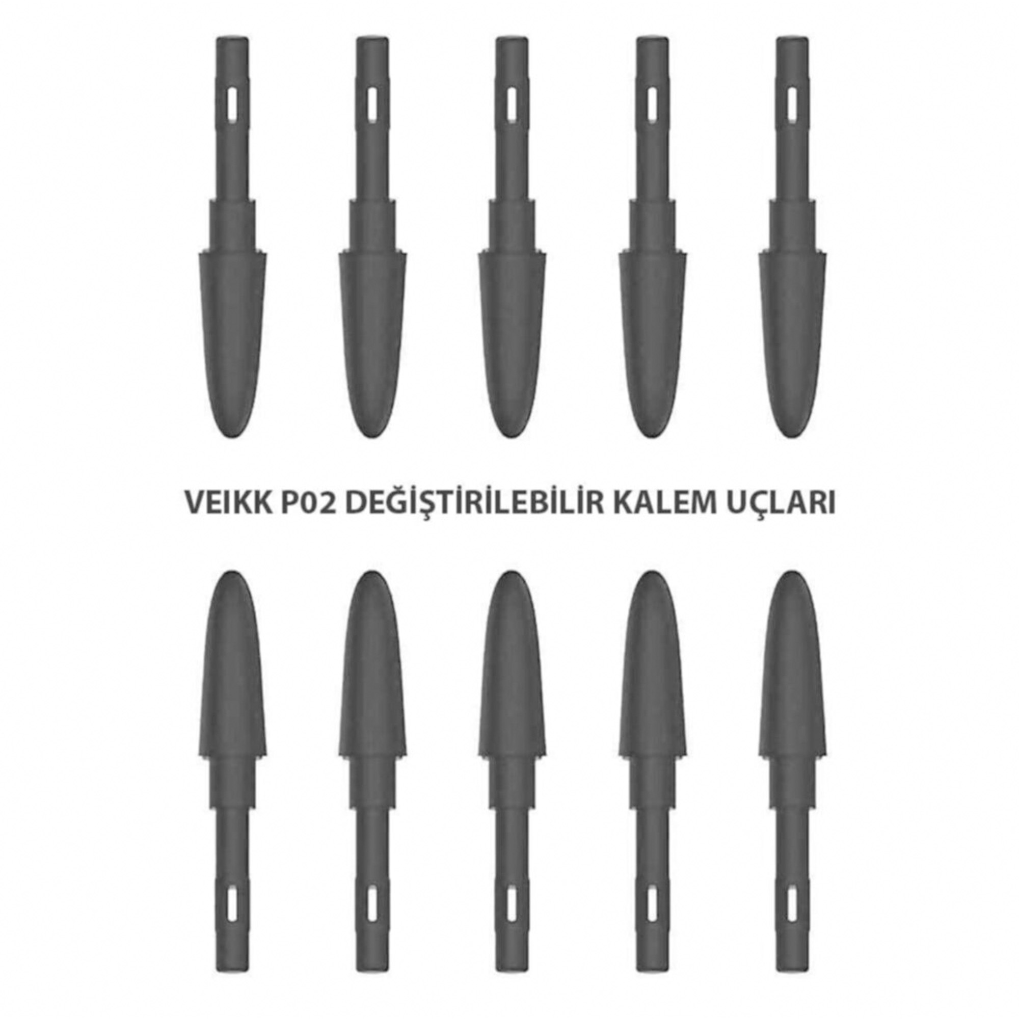 İki sıra halinde düzenlenmiş, yuvalı on gri kalem ucu.