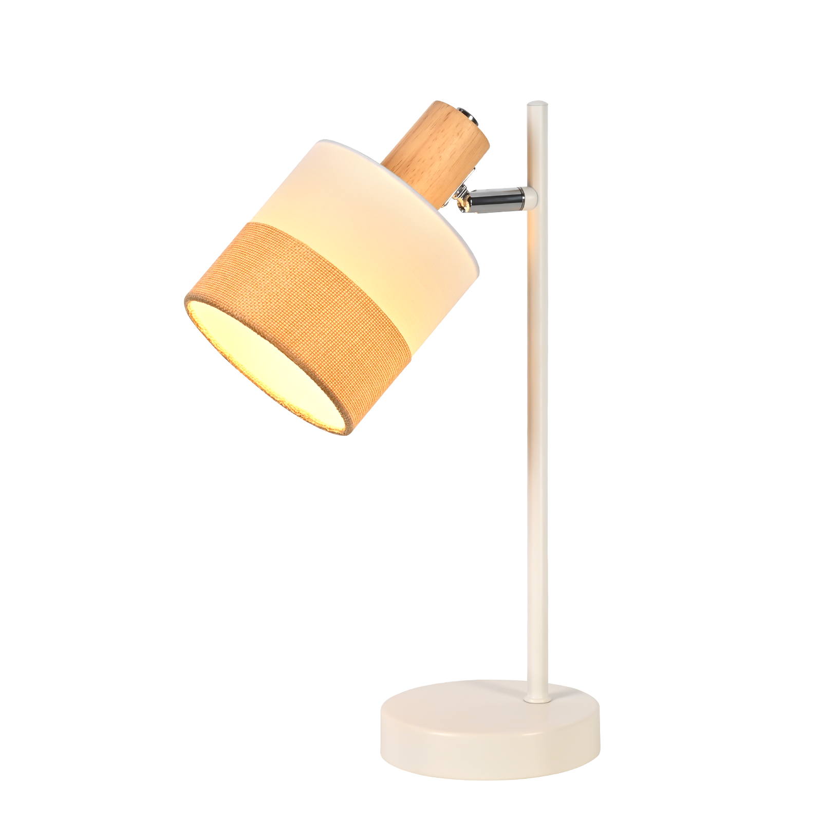 Una lampada da scrivania bianca con accenti in legno e paralume in tessuto.