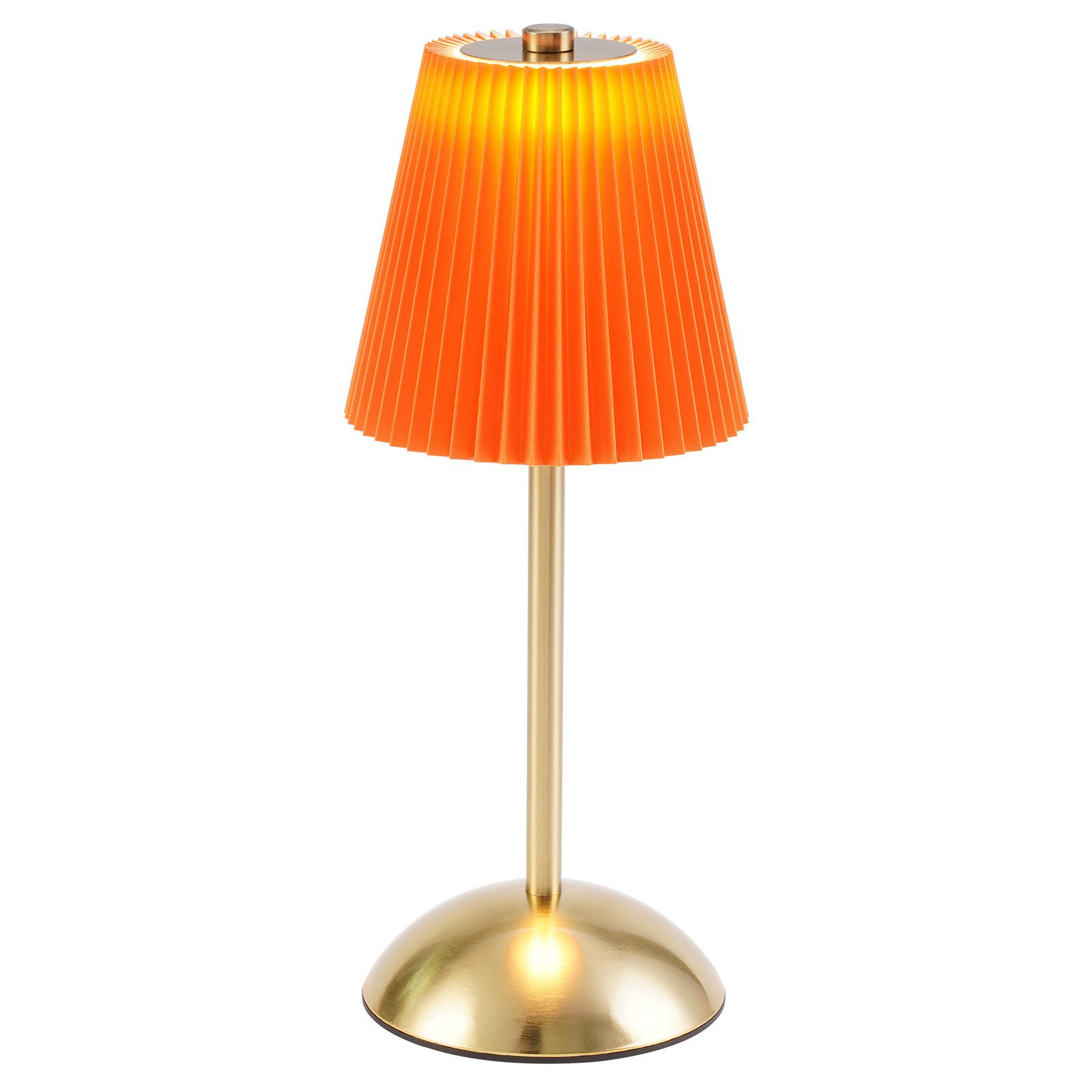 Lampada da tavolo arancione plissettata con base e stelo dorati.