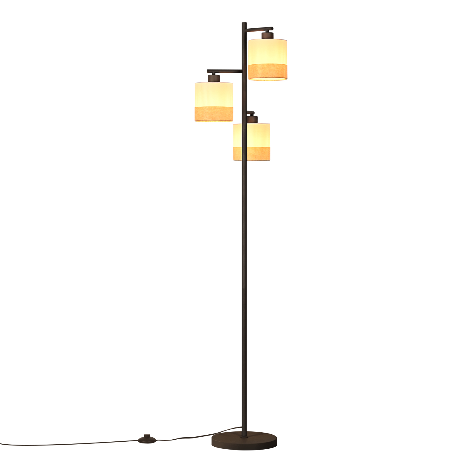 Lampada da terra scura con tre paralumi color crema e beige.