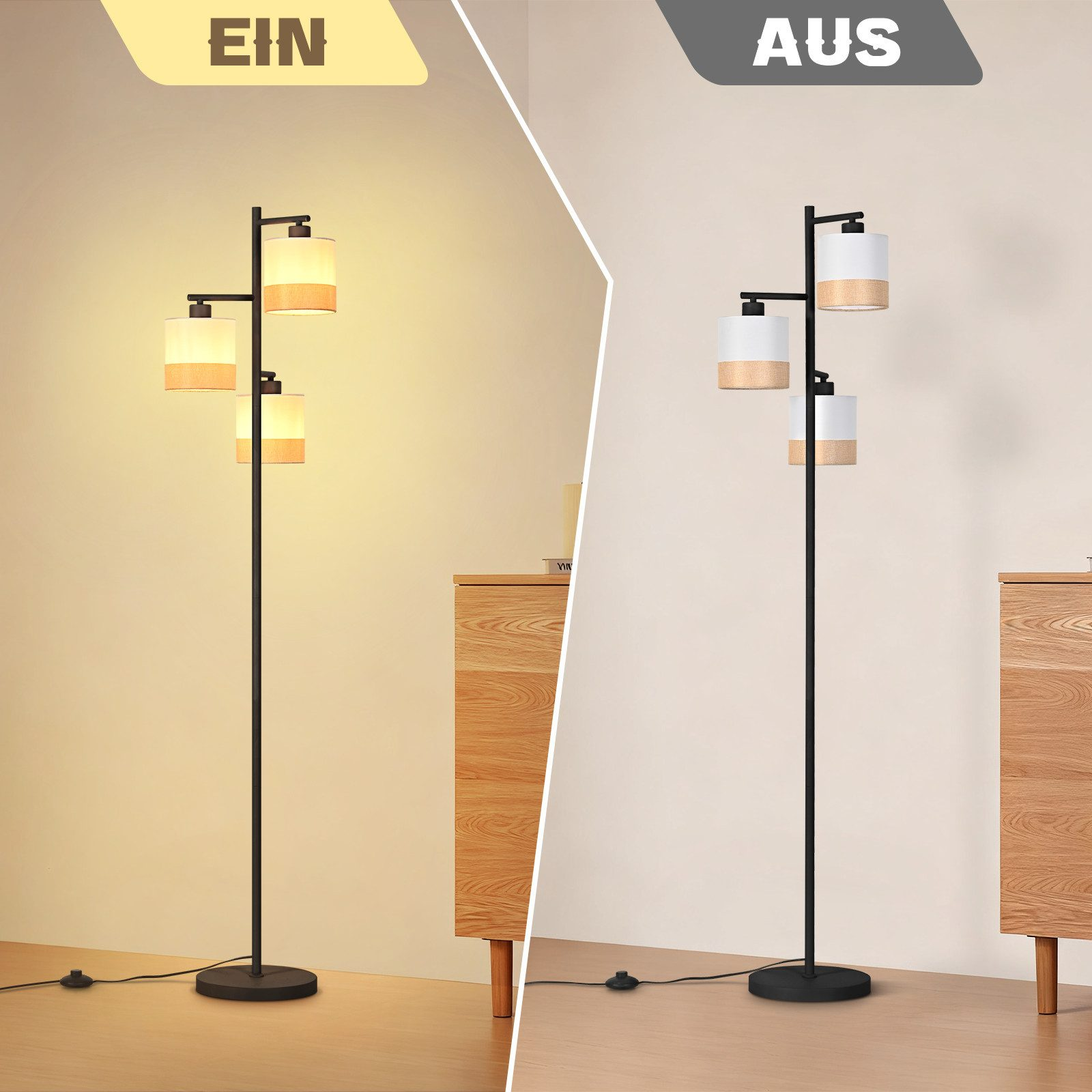 Lampada da terra con tre paralumi, ACCESA (sinistra) e SPENTA (destra).
