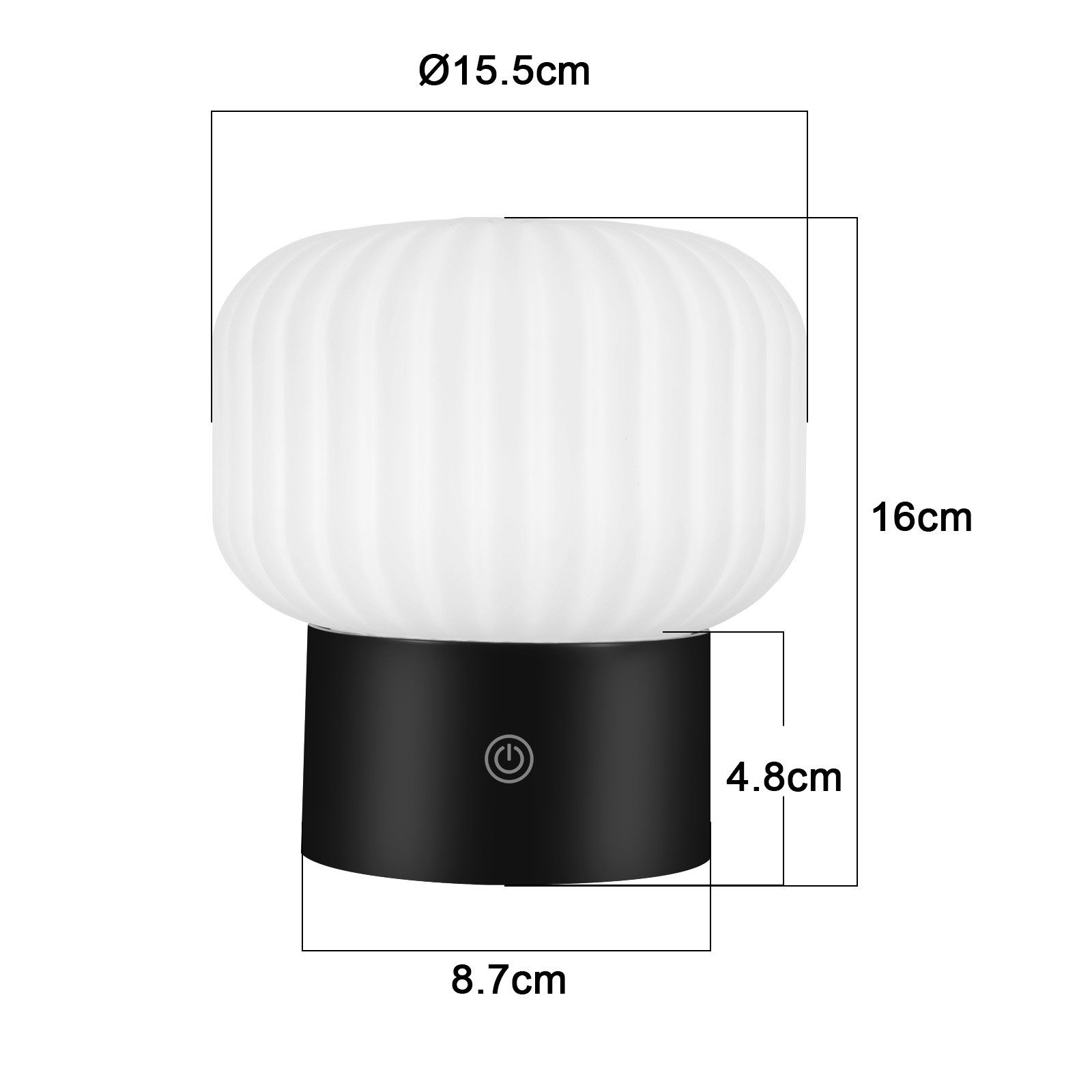 Lampada bianca con base nera e dimensioni. Diametro 15,5cm, altezza 16cm.