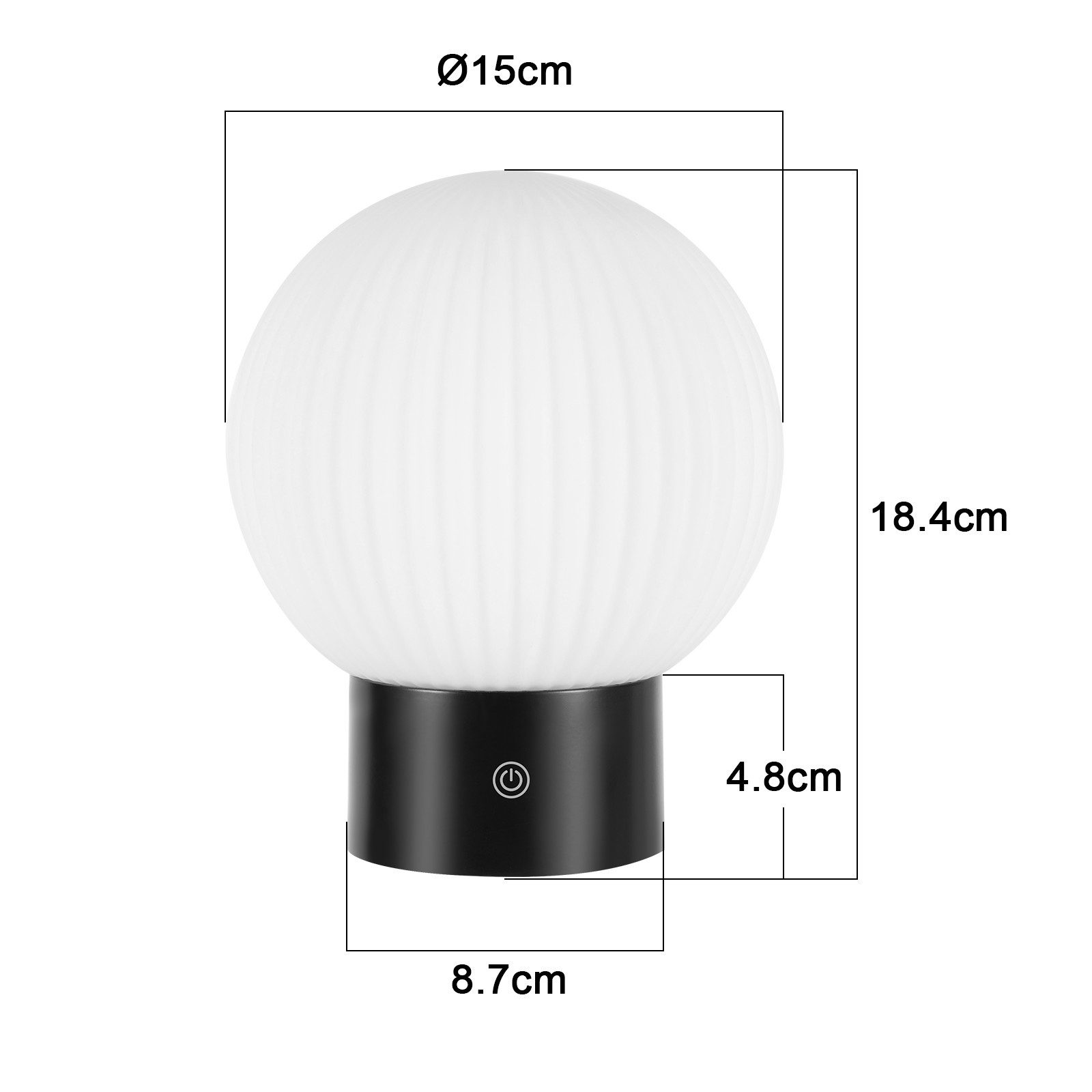 Una lampada sferica bianca con base nera e dimensioni.