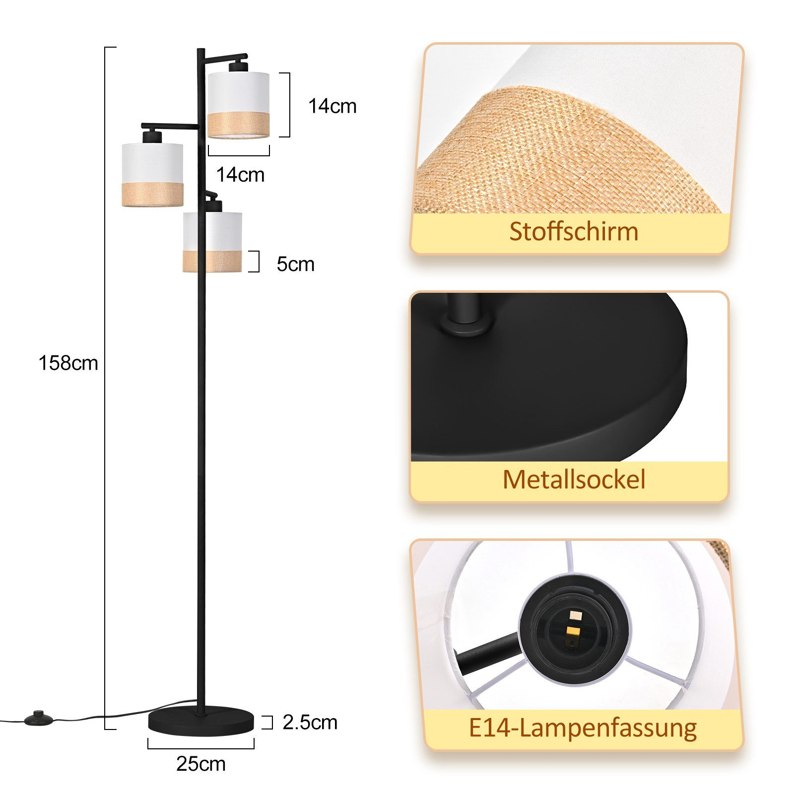 Lampada da terra a tre teste con paralumi in tessuto e base in metallo.