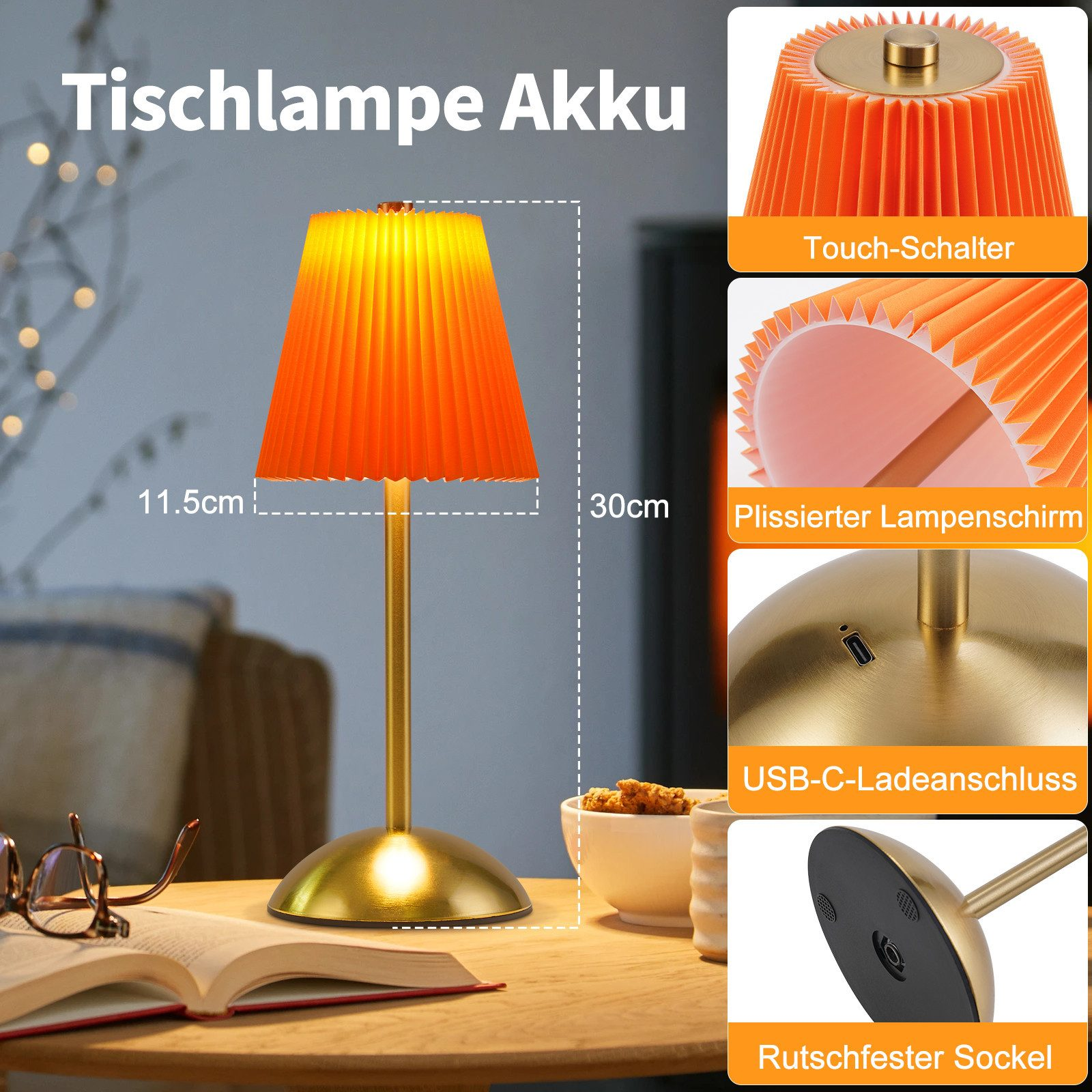 Una lampada da tavolo arancione plissettata accanto a un libro e occhiali.