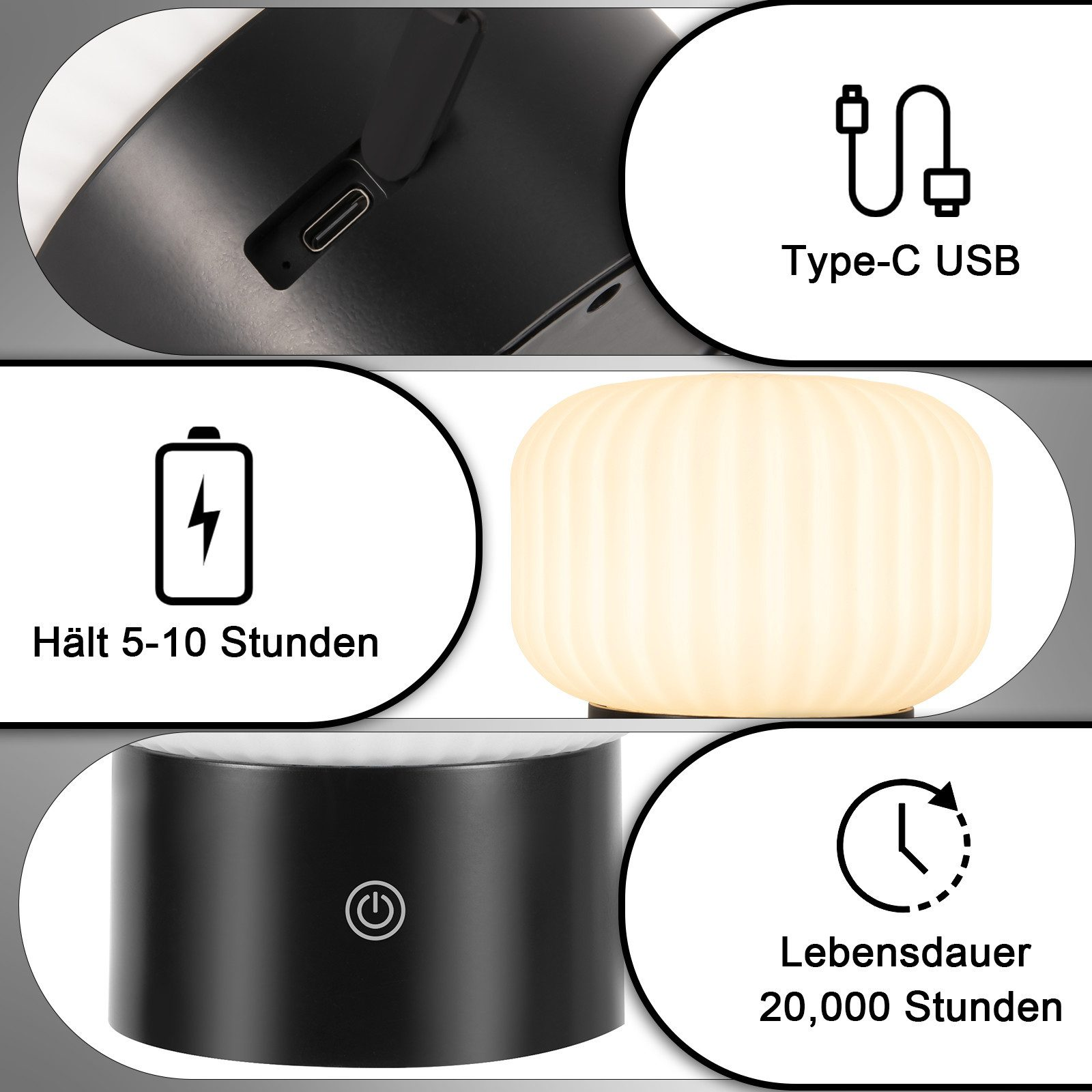 Primo piano di una lampada da comodino con USB Type-C, batteria e icone di durata.