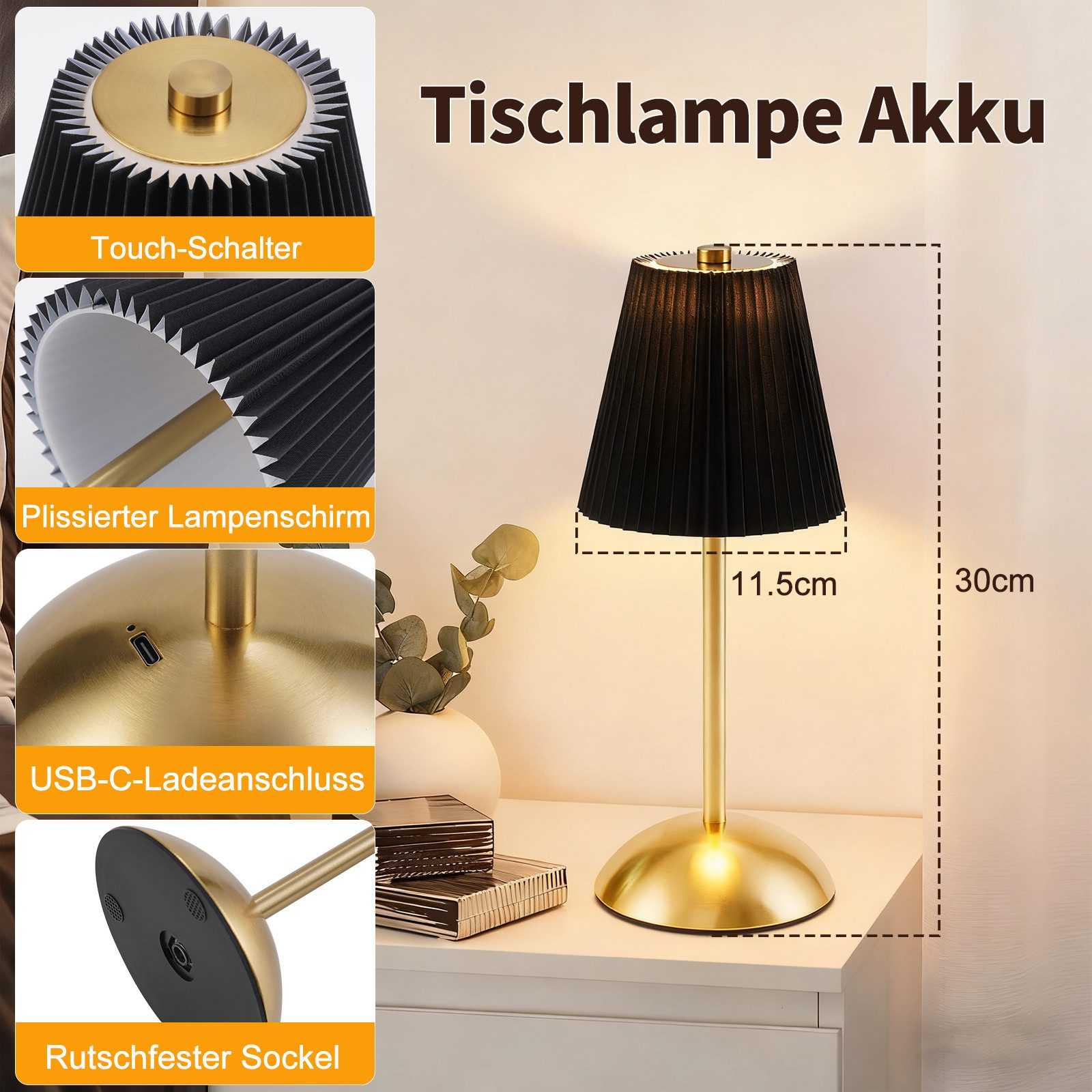 Lampada da tavolo nera con base dorata, USB-C, alta 30cm, larga 11,5cm.
