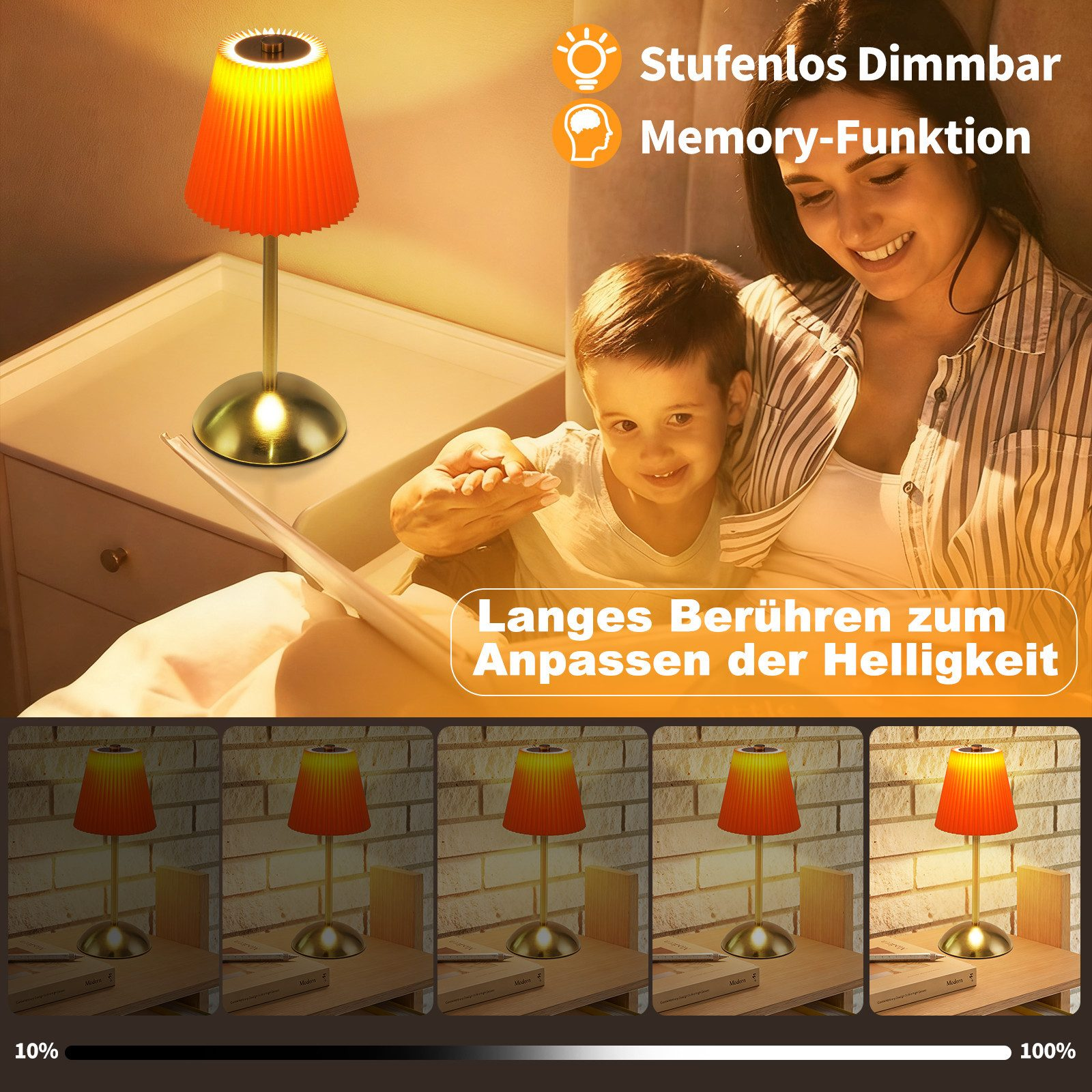 Lampada con luce dimmerabile e funzione memoria mostrata con madre e figlio.