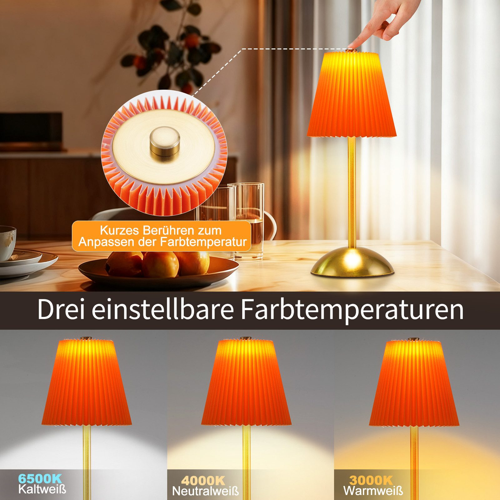 Lampada plissettata arancione con tre temperature colore: bianco freddo, bianco neutro, bianco caldo.