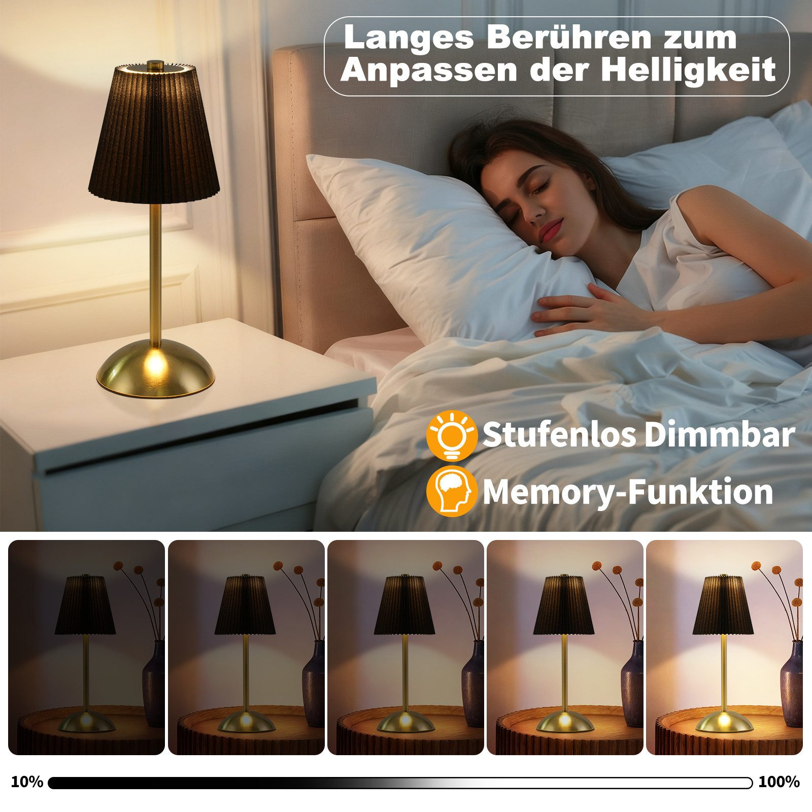 Una lampada da comodino con luminosità regolabile e una donna che dorme.