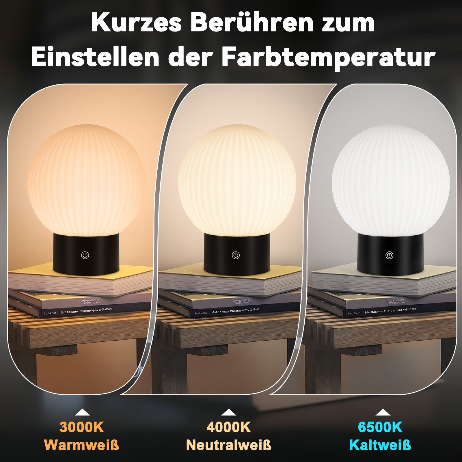 Tre lampade mostrate con diverse temperature di colore: bianco caldo, neutro, freddo.