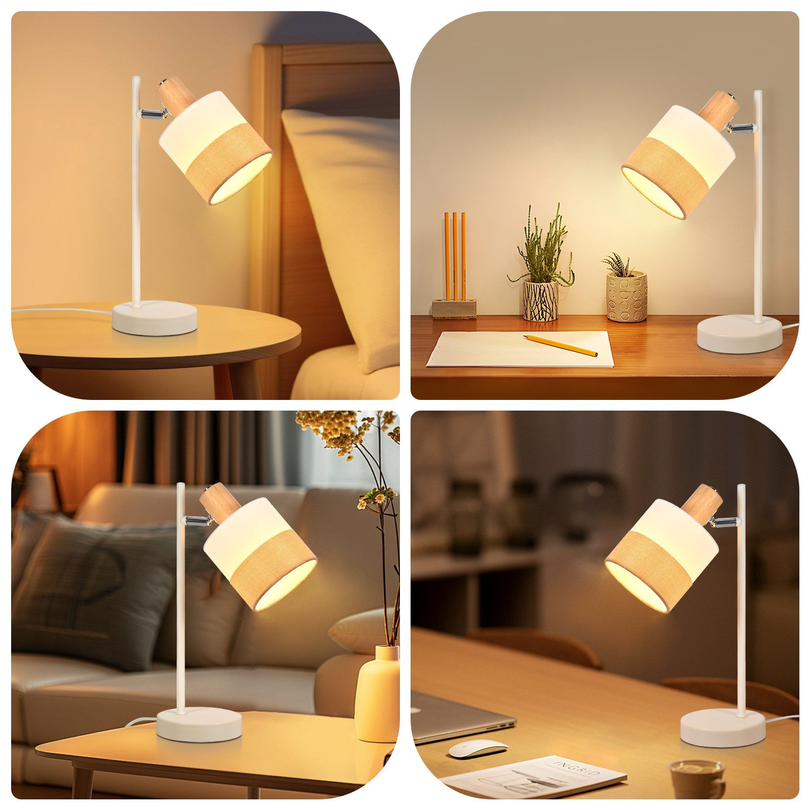 Lampada da scrivania moderna con base bianca e paralume in tessuto.