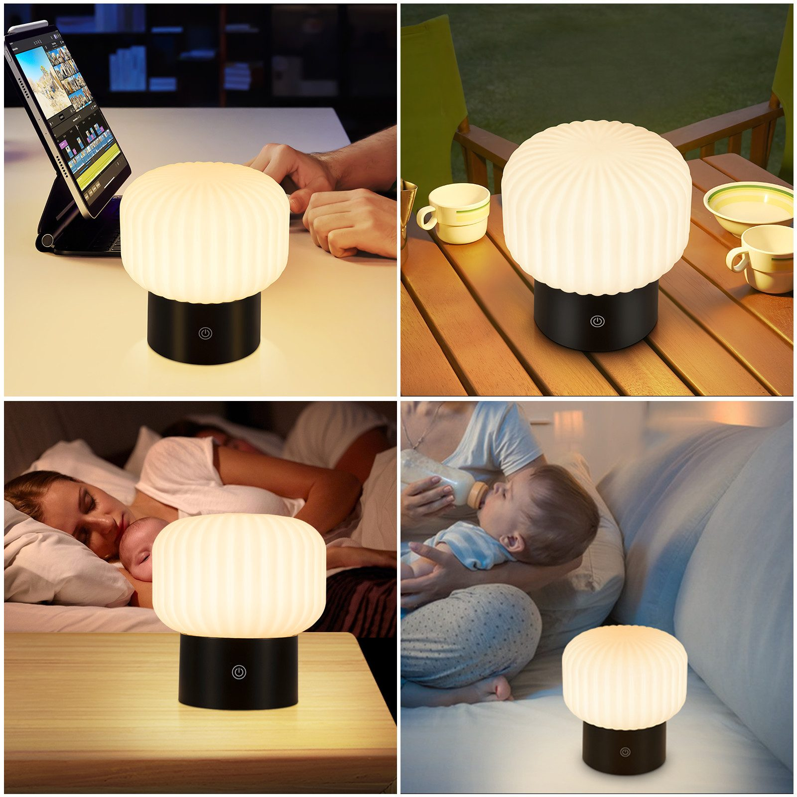 Una lampada da comodino con base nera e paralume bianco a coste.