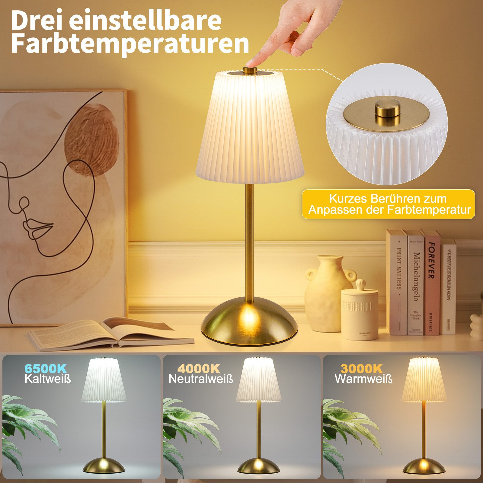 Goldene Tischlampe mit plissiertem Schirm zeigt drei Farbtemperaturen.