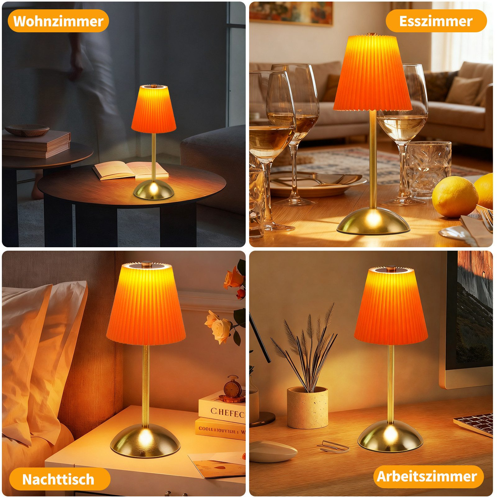 Quattro scene mostrano una lampada da tavolo arancione in diverse stanze: soggiorno, sala da pranzo, comodino, ufficio.