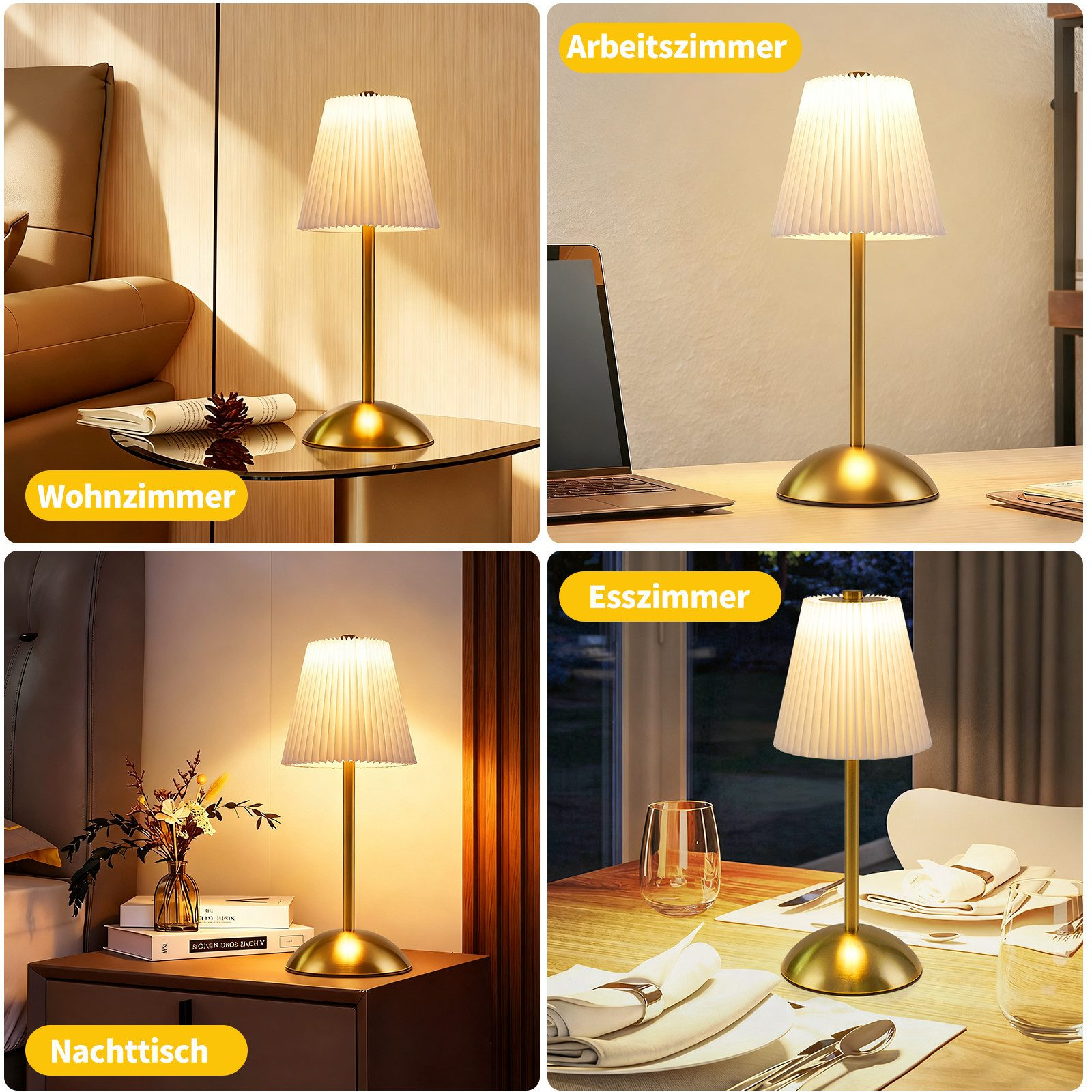 Vier Szenen zeigen eine Tischlampe in Wohn-, Arbeits-, Esszimmer und Nachttisch.
